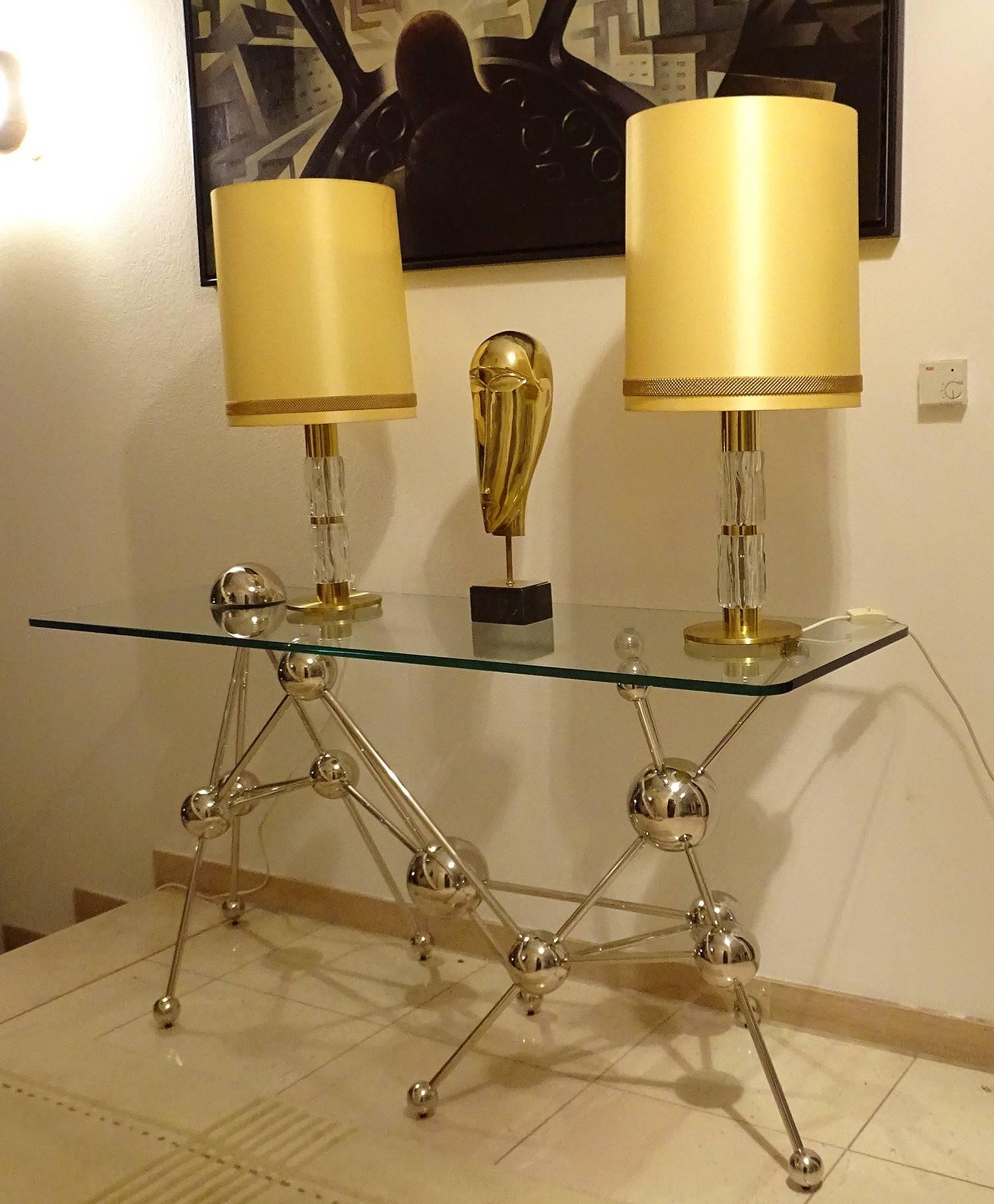 Pair Very Large Sideboard Credenza Kaiser Table Lamps Lights, Glass Brass, 1960s For Sale 4