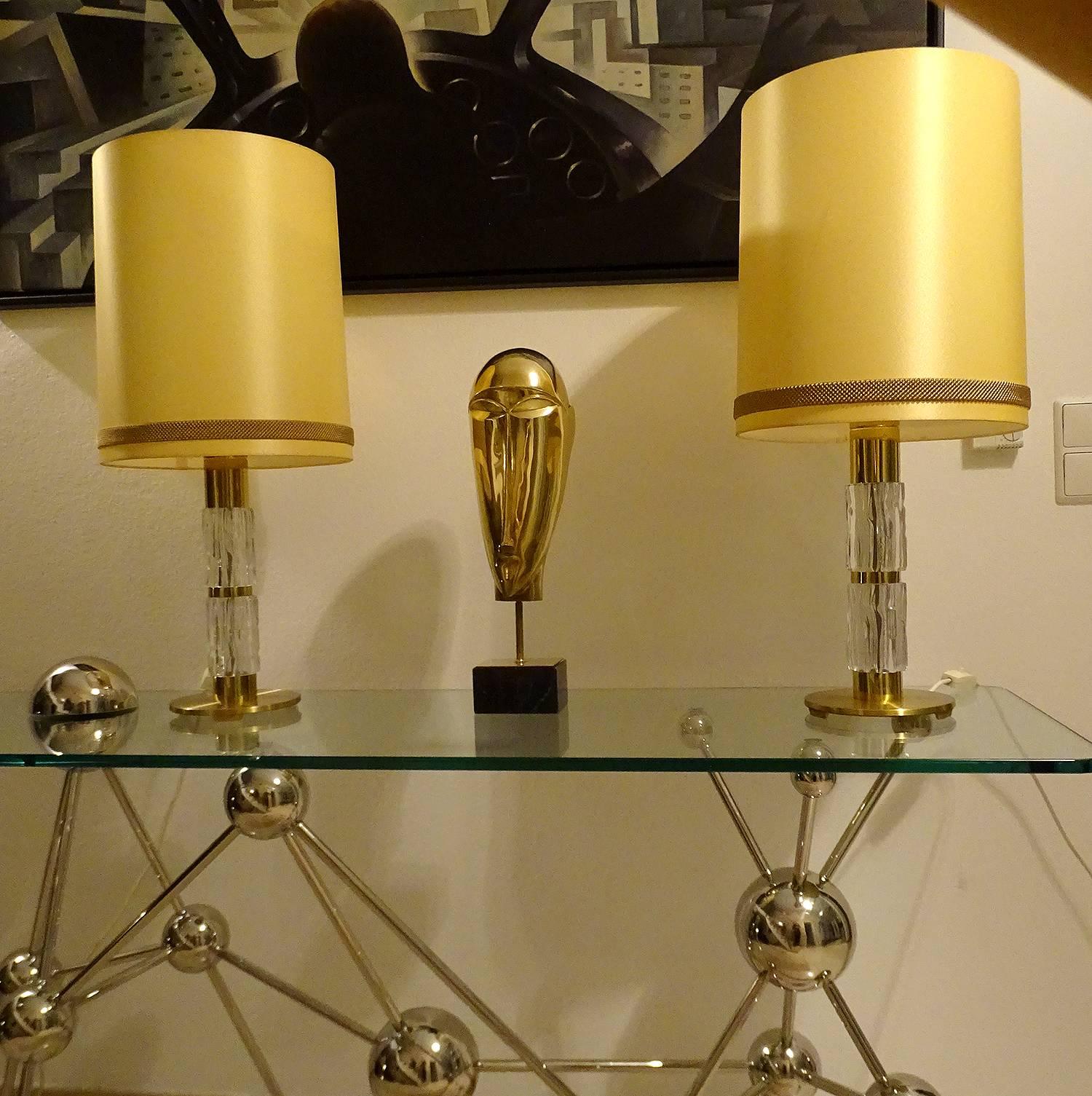 Pair Very Large Sideboard Credenza Kaiser Table Lamps Lights, Glass Brass, 1960s For Sale 5