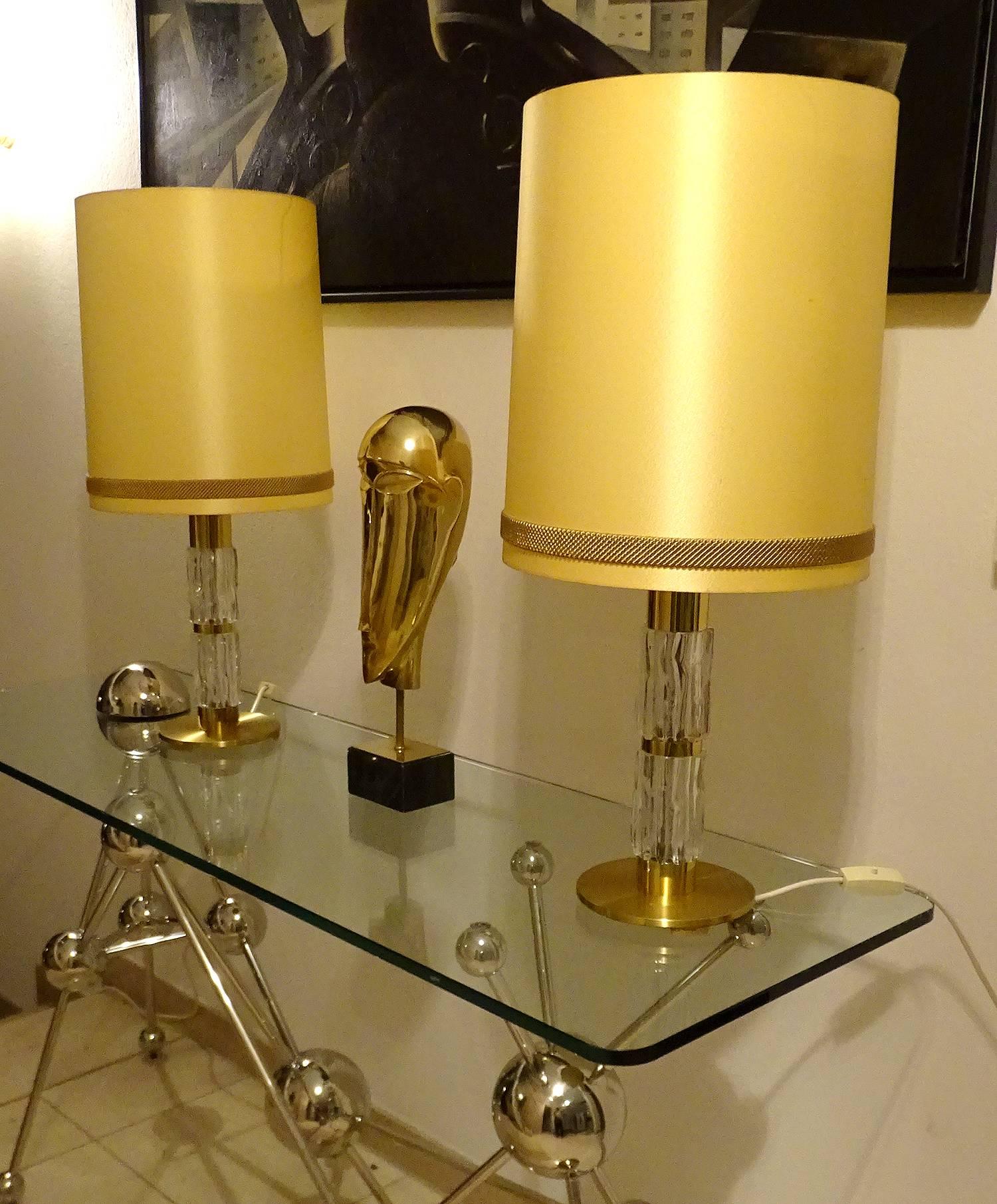 Pair Very Large Sideboard Credenza Kaiser Table Lamps Lights, Glass Brass, 1960s For Sale 6