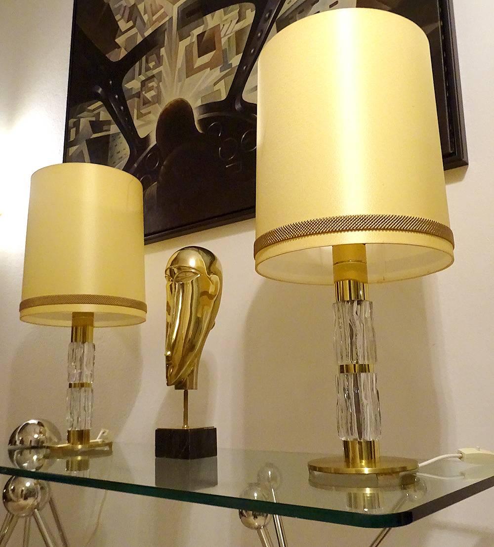 Pair Very Large Sideboard Credenza Kaiser Table Lamps Lights, Glass Brass, 1960s For Sale 9