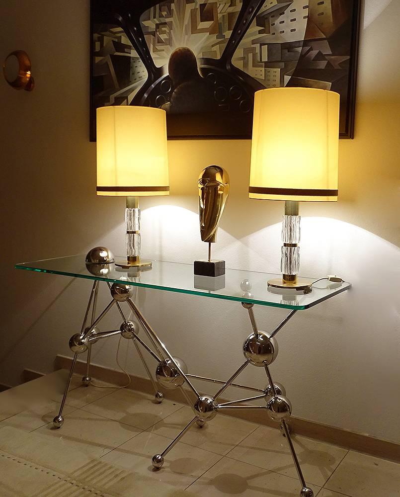 Pair Very Large Sideboard Credenza Kaiser Table Lamps Lights, Glass Brass, 1960s For Sale 11