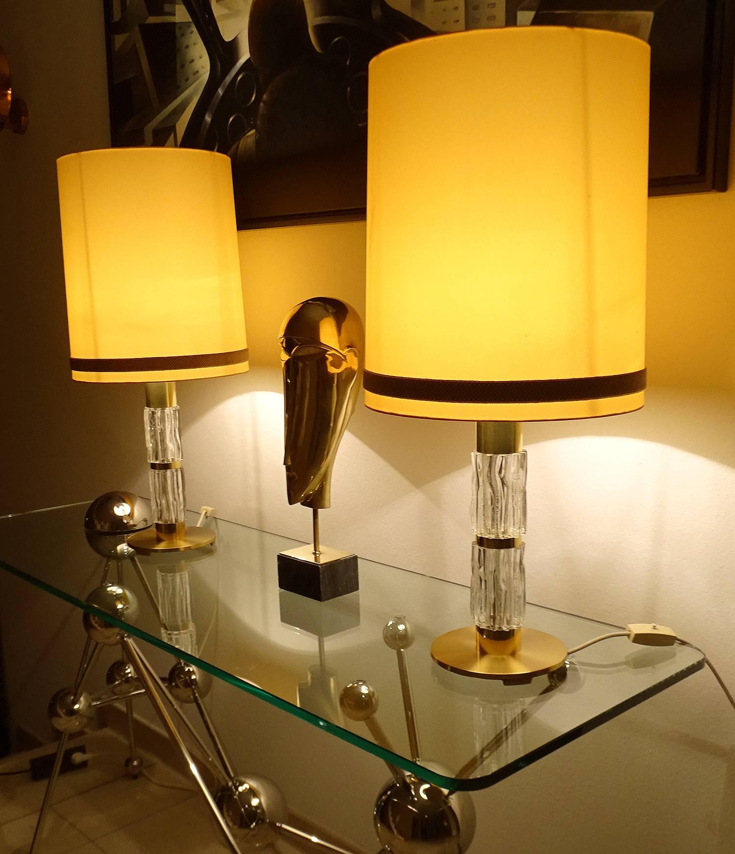 Mid-Century Modern Pair Very Large Sideboard Credenza Kaiser Table Lamps Lights, Glass Brass, 1960s For Sale