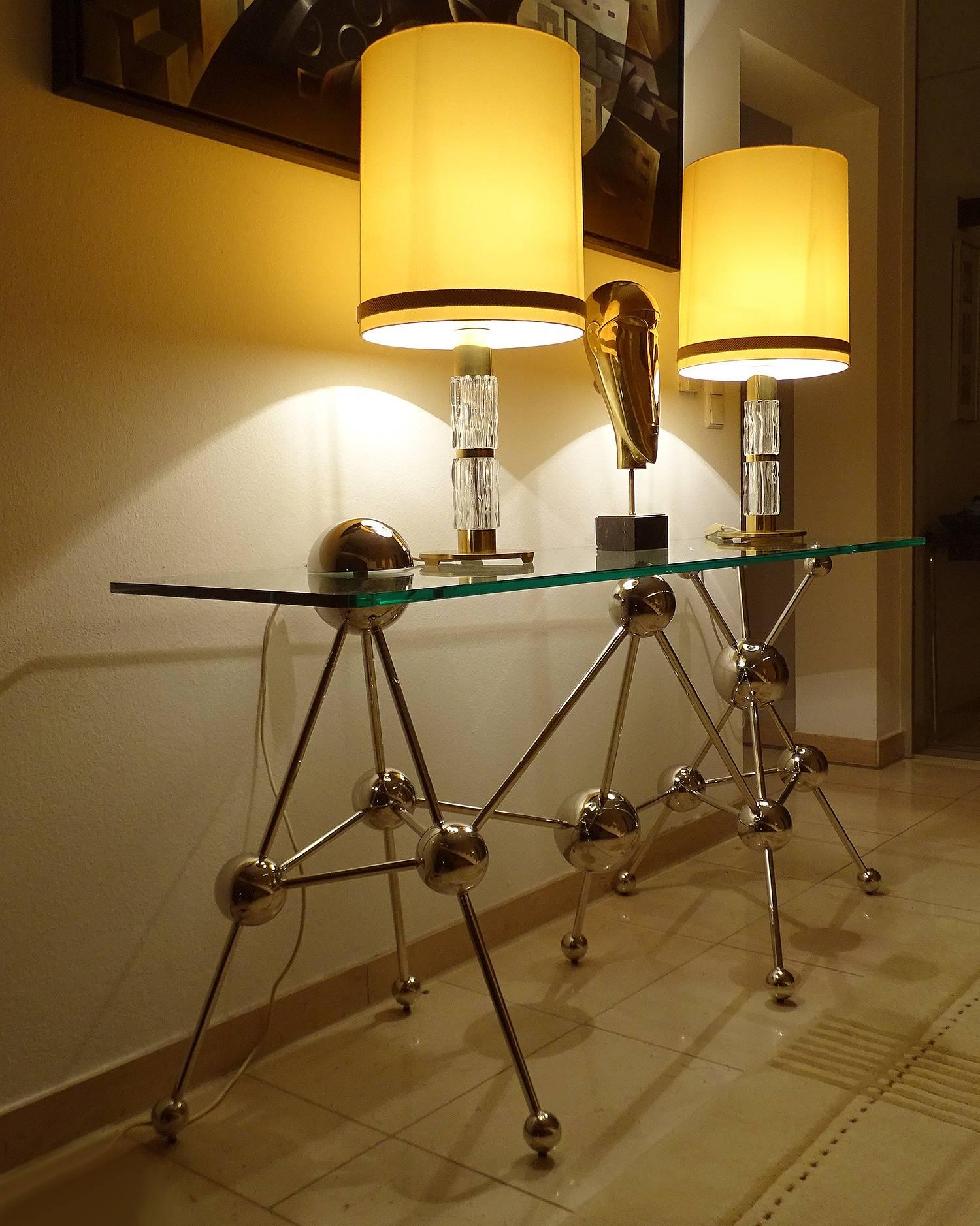 Mid-20th Century Pair Very Large Sideboard Credenza Kaiser Table Lamps Lights, Glass Brass, 1960s For Sale