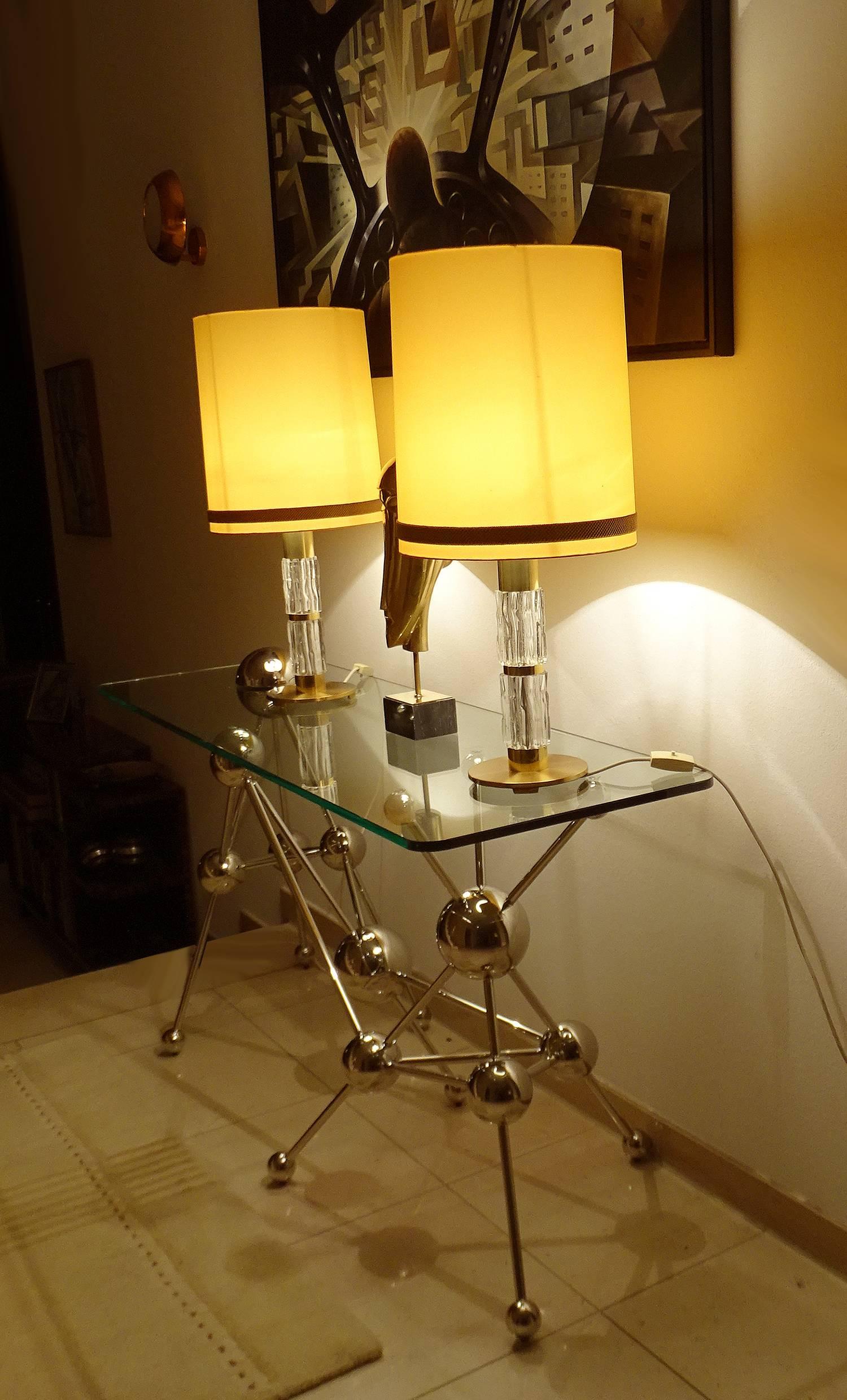 Pair Very Large Sideboard Credenza Kaiser Table Lamps Lights, Glass Brass, 1960s For Sale 1