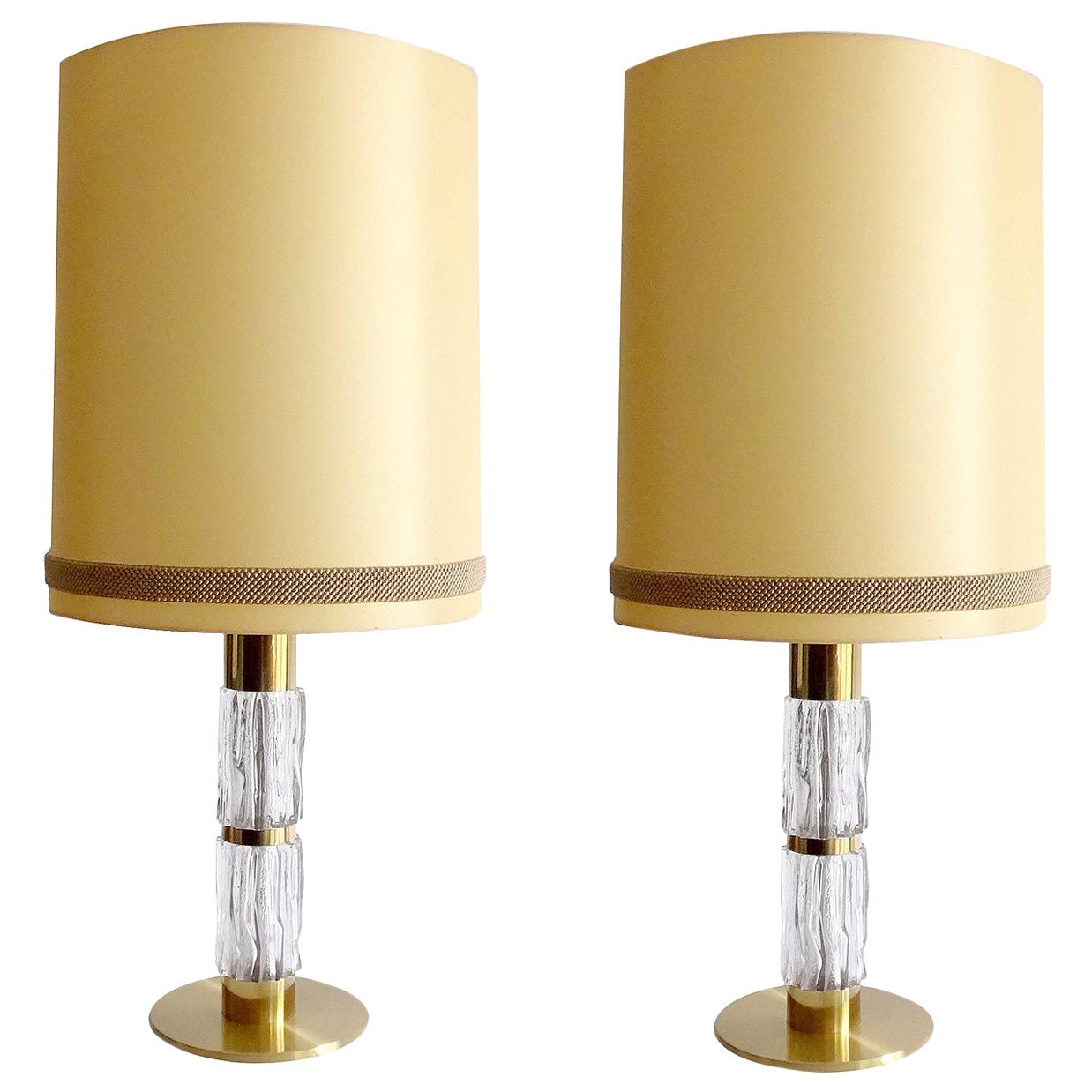 Pair Very Large Sideboard Credenza Kaiser Table Lamps Lights, Glass Brass, 1960s For Sale