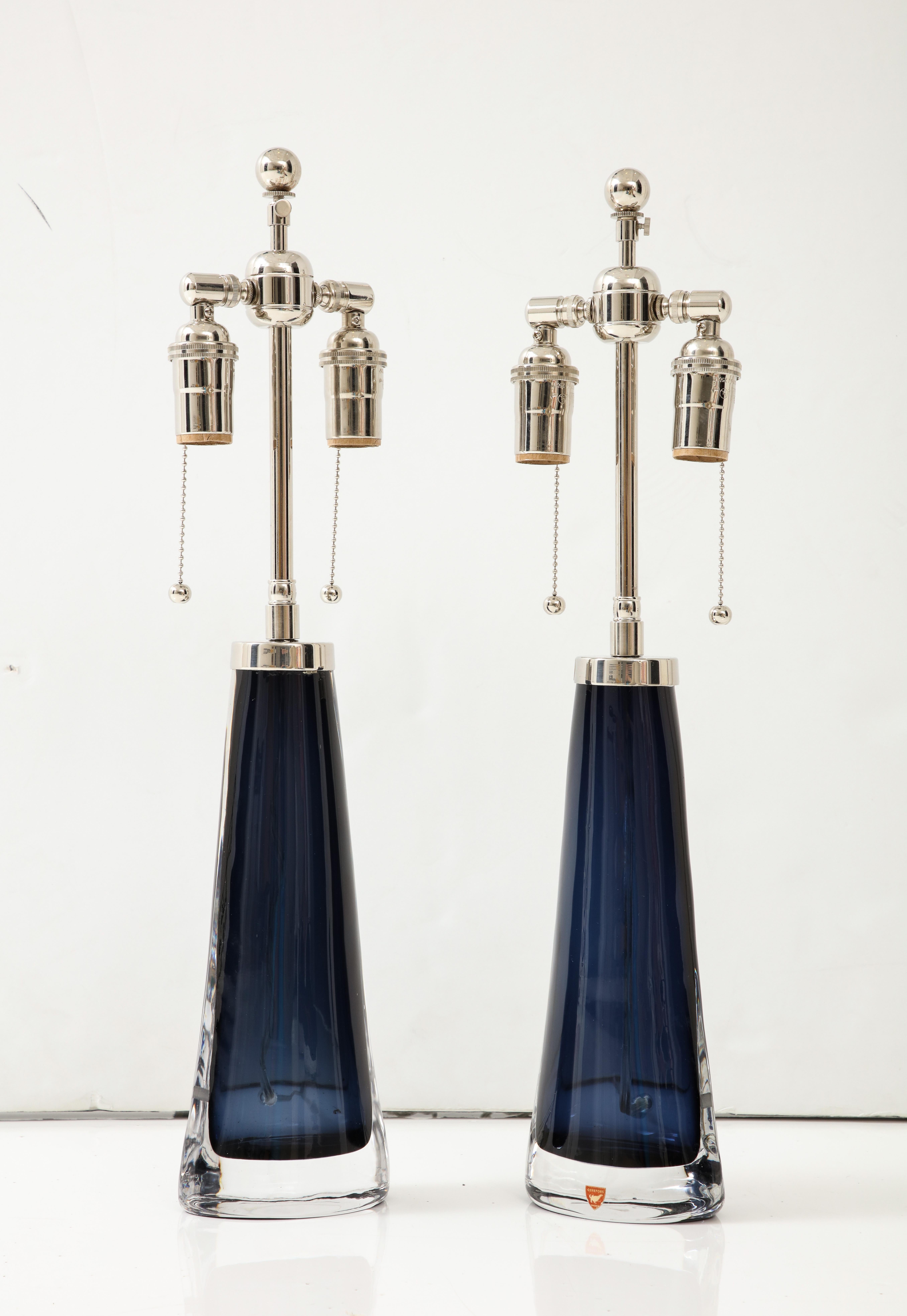 Swedish Pair of Large MidNight / Sapphire Blue Lamps by Carl Fagerlund for Orrefors.