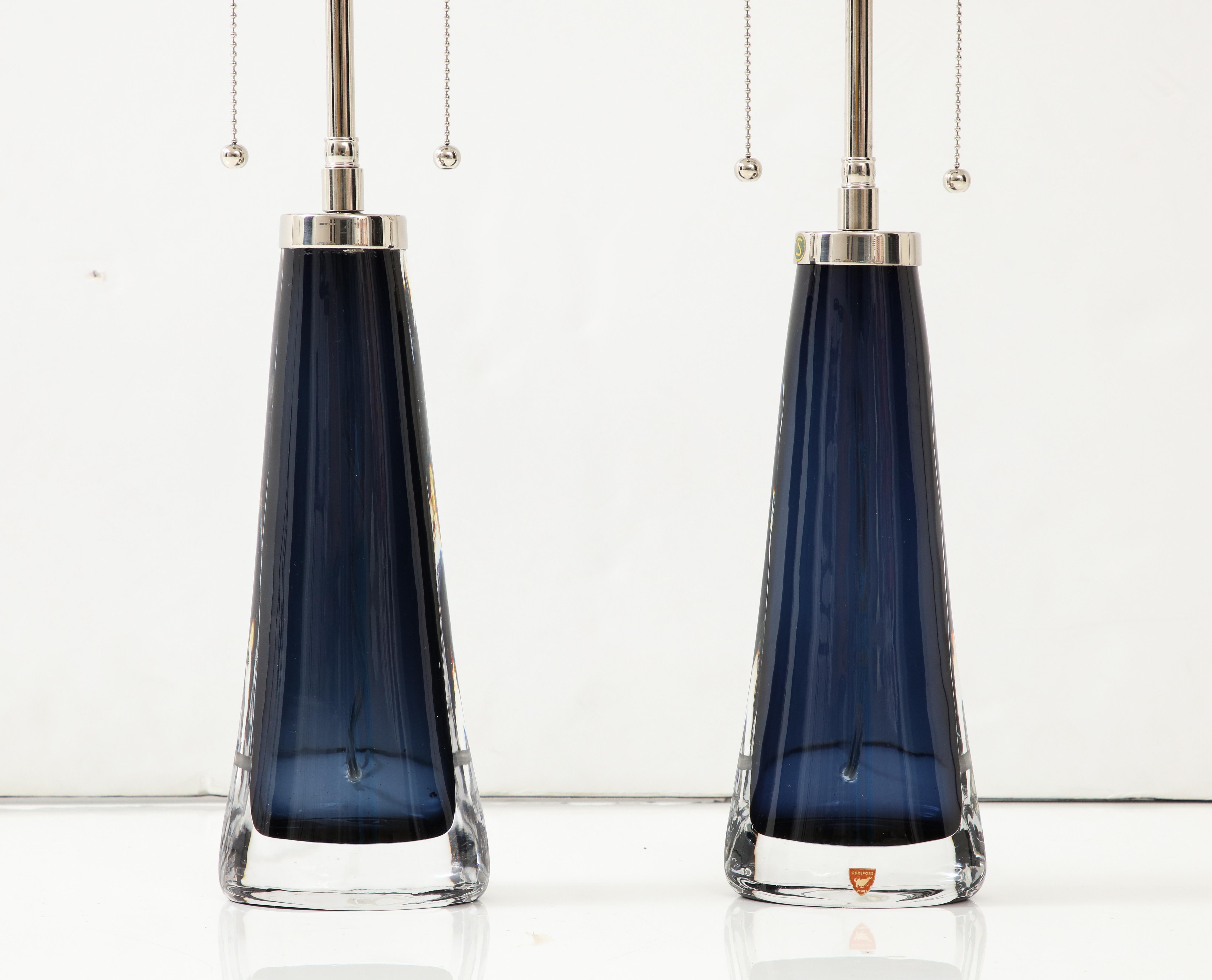 Pair of Large MidNight / Sapphire Blue Lamps by Carl Fagerlund for Orrefors. In Good Condition In New York, NY