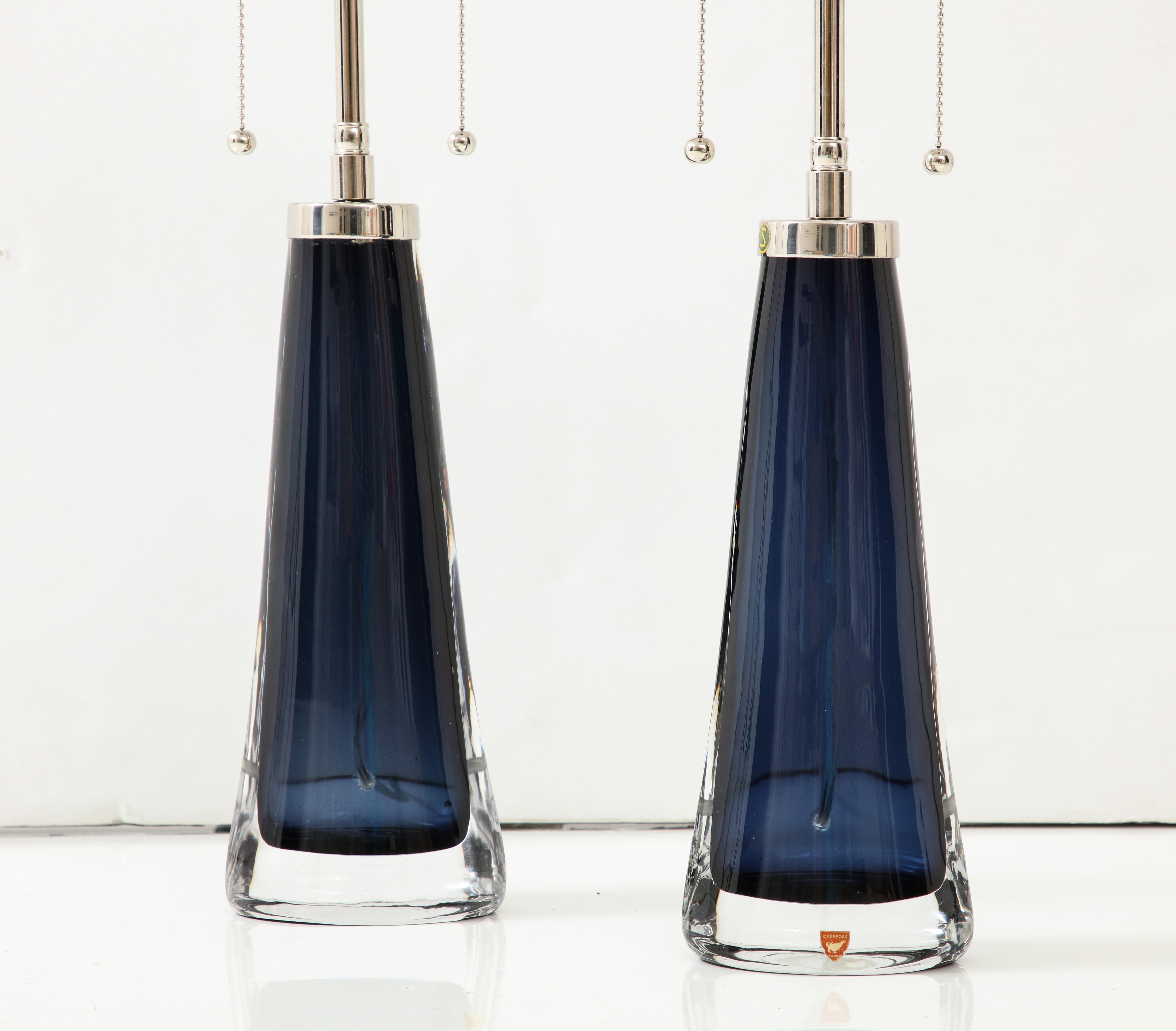 Mid-20th Century Pair of Large MidNight / Sapphire Blue Lamps by Carl Fagerlund for Orrefors.