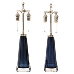 Pair of Large MidNight / Sapphire Blue Lamps by Carl Fagerlund for Orrefors.