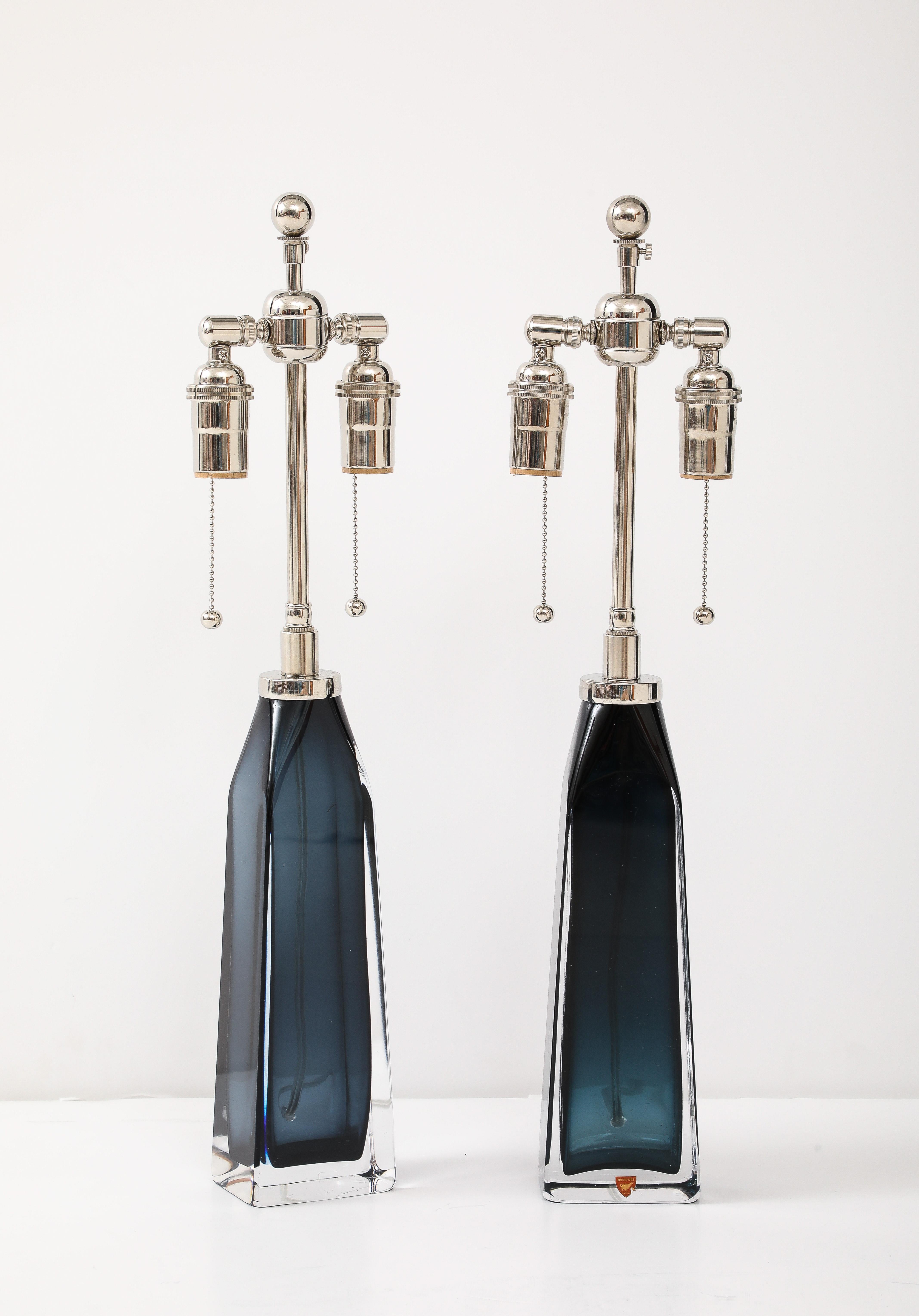 Scandinavian Modern Pair of Large Mild-Night Blue lamps designed By Carl Fagerlund for Orrefors. For Sale