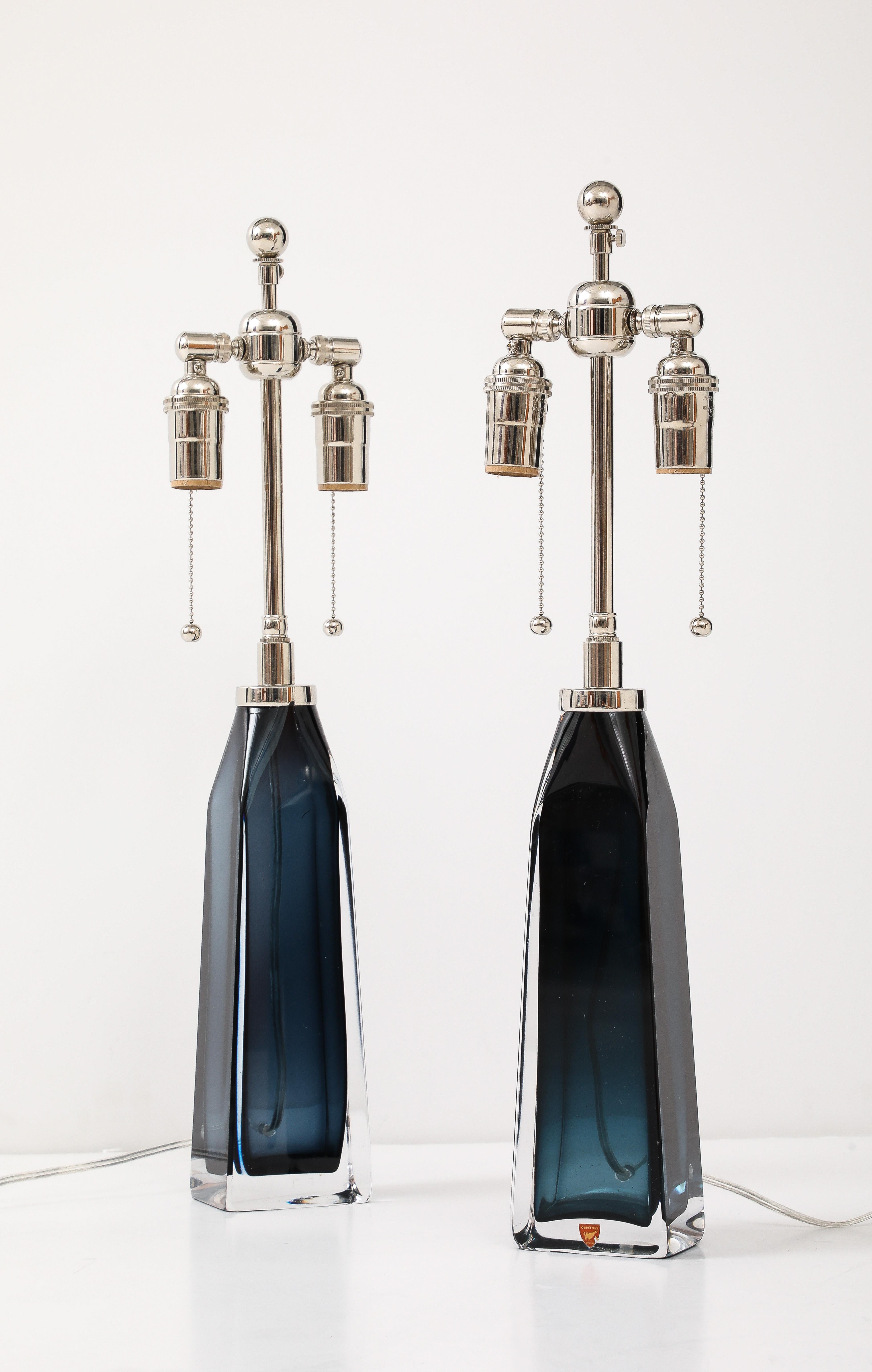 Swedish Pair of Large Mild-Night Blue lamps designed By Carl Fagerlund for Orrefors. For Sale