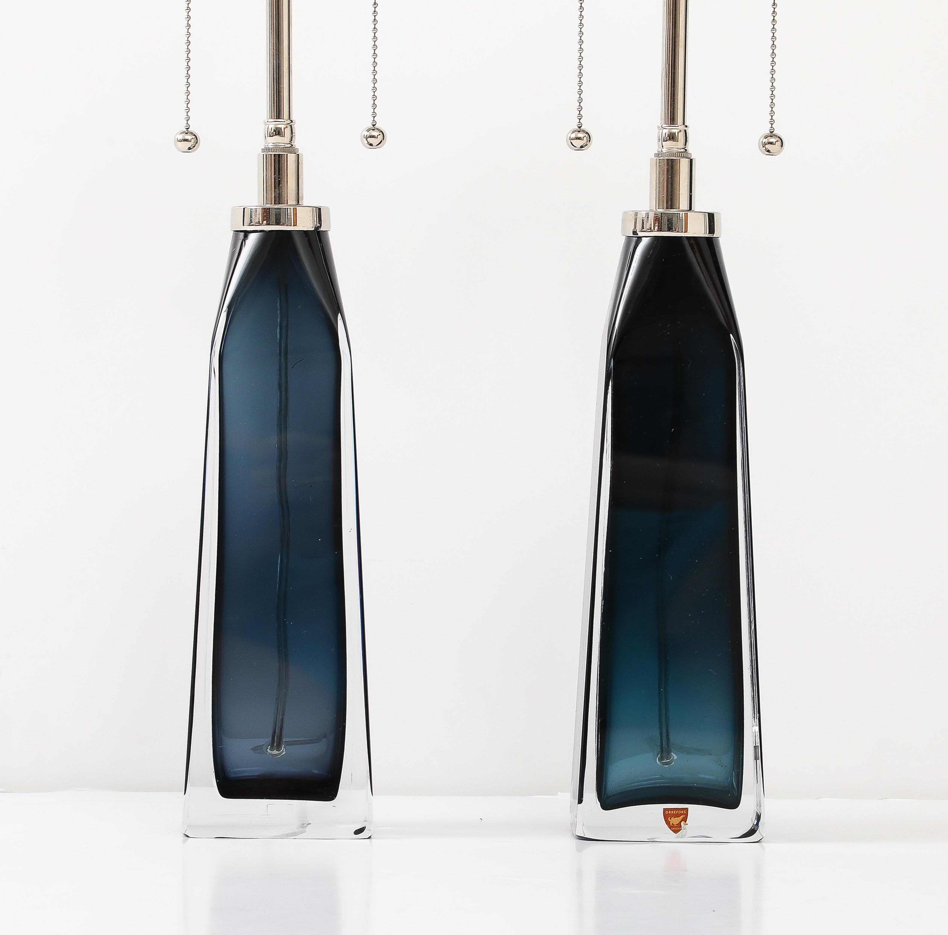 Mid-20th Century Pair of Large Mild-Night Blue lamps designed By Carl Fagerlund for Orrefors. For Sale