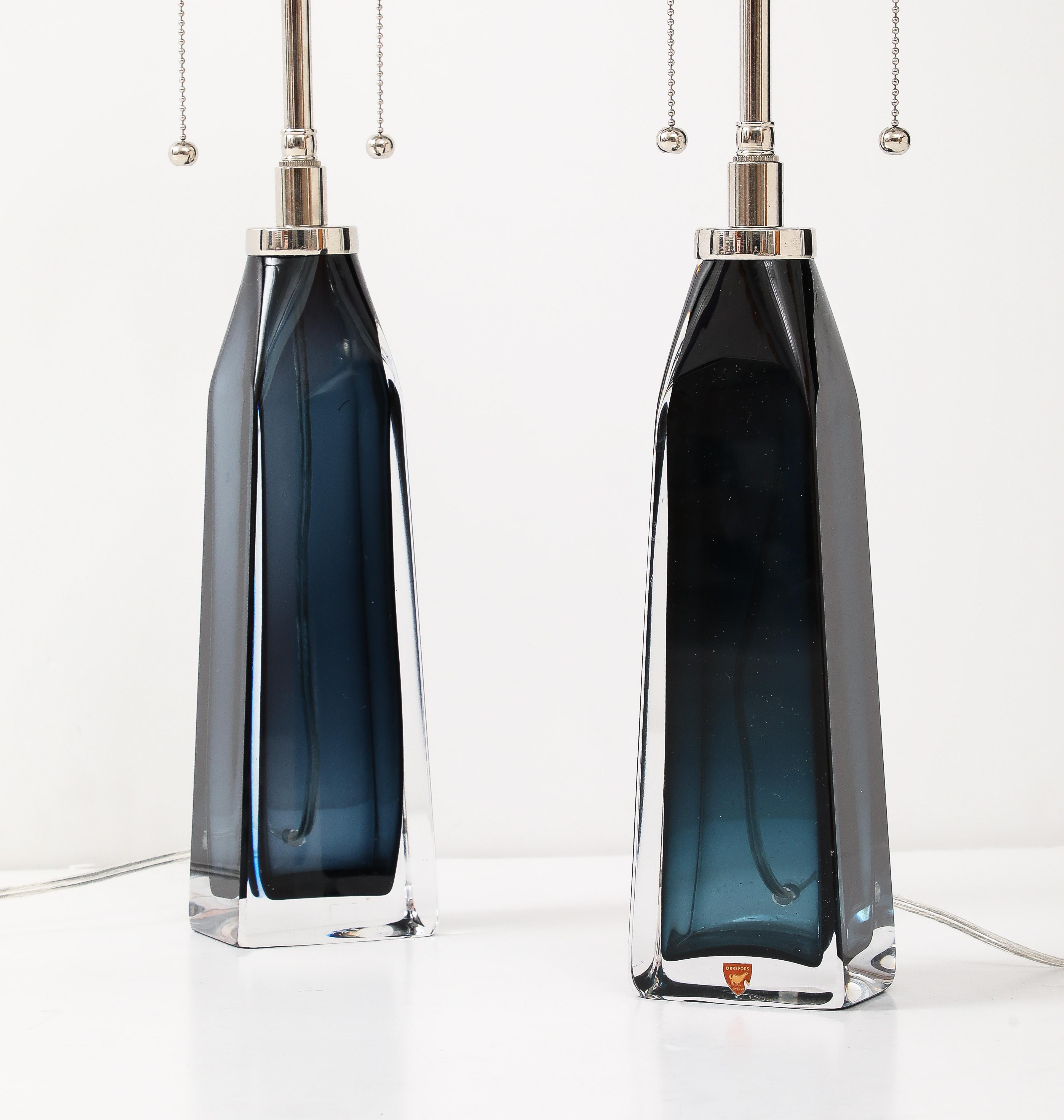 Glass Pair of Large Mild-Night Blue lamps designed By Carl Fagerlund for Orrefors. For Sale