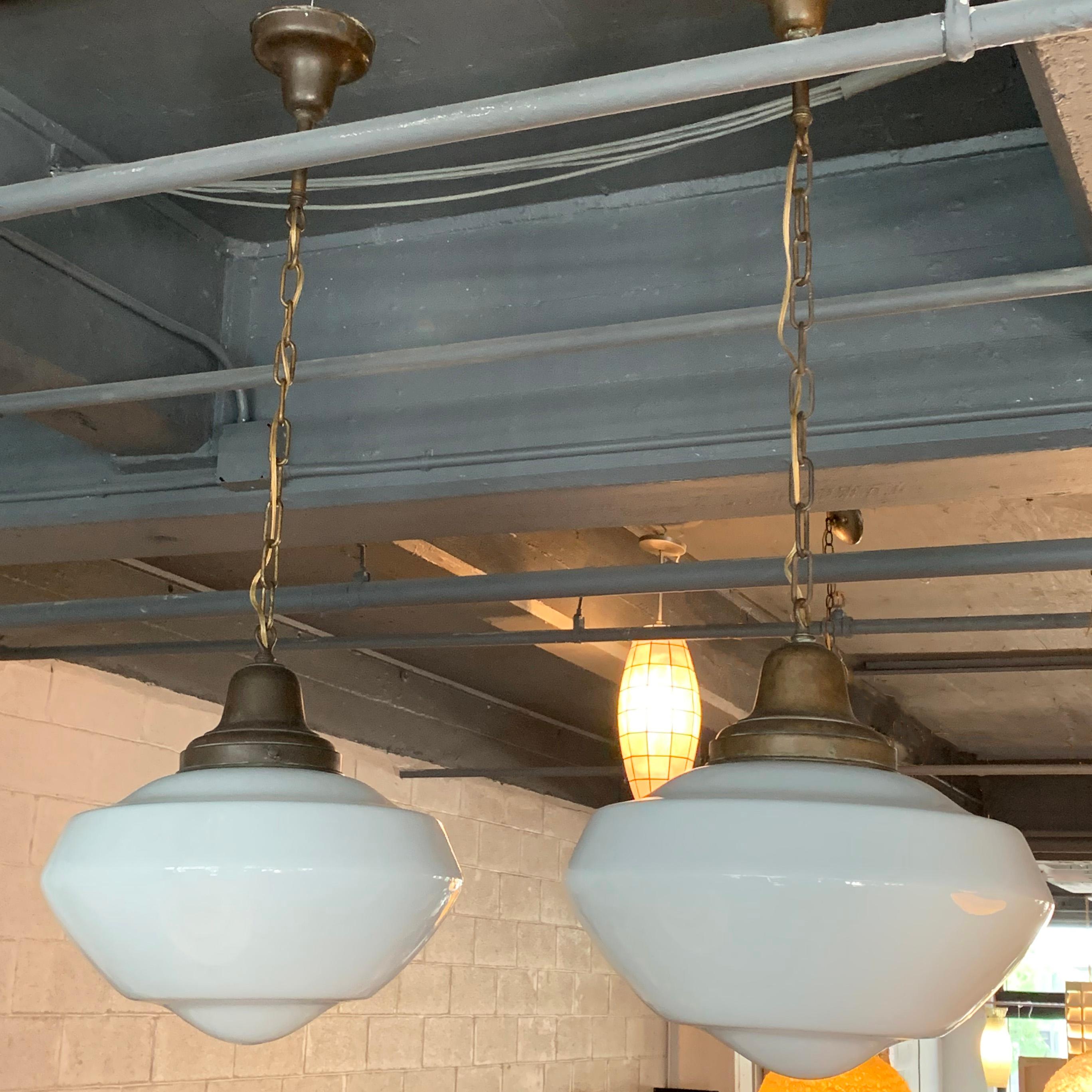 Industrial Pair of Large Milk Glass Library Pendant Lights