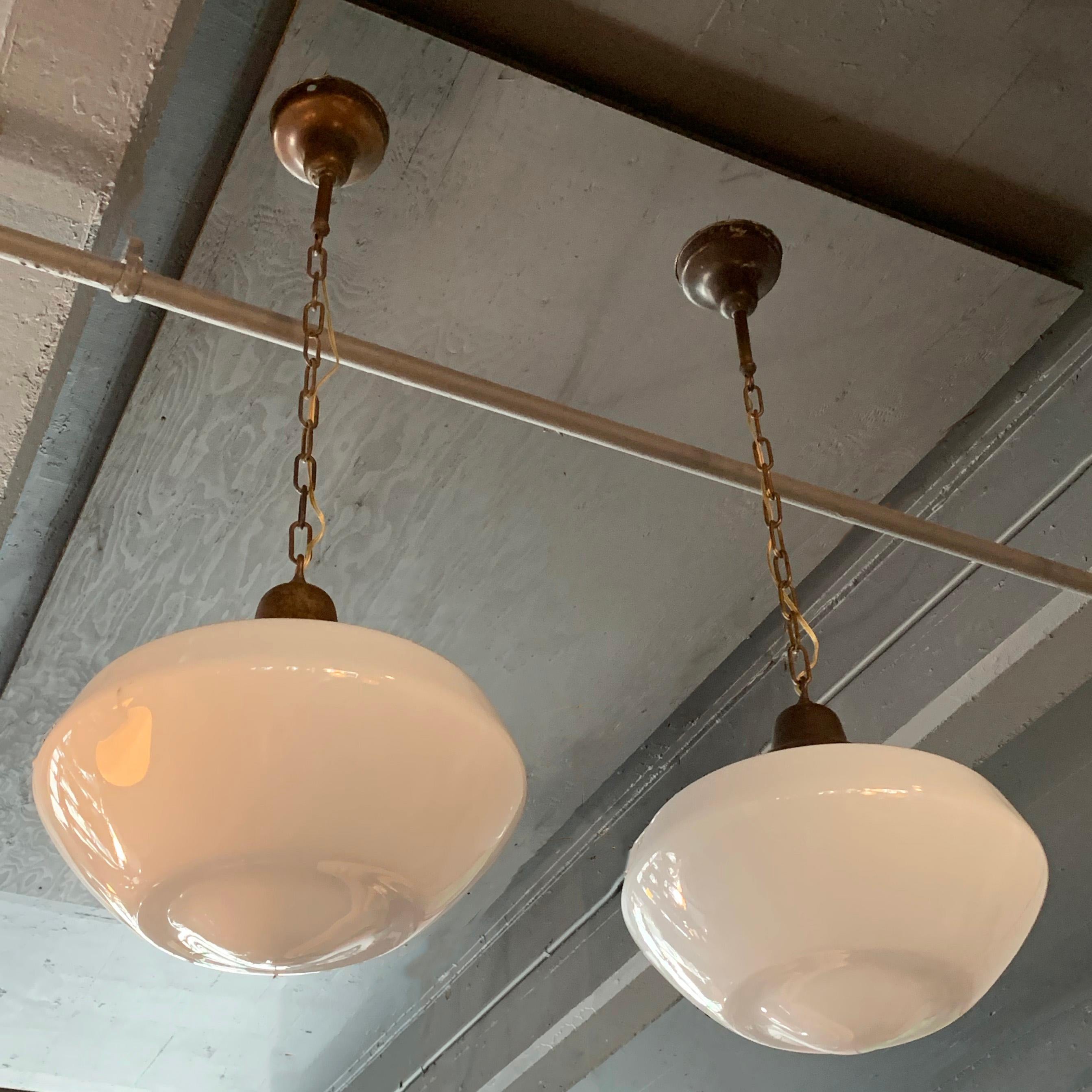 American Pair of Large Milk Glass Library Pendant Lights