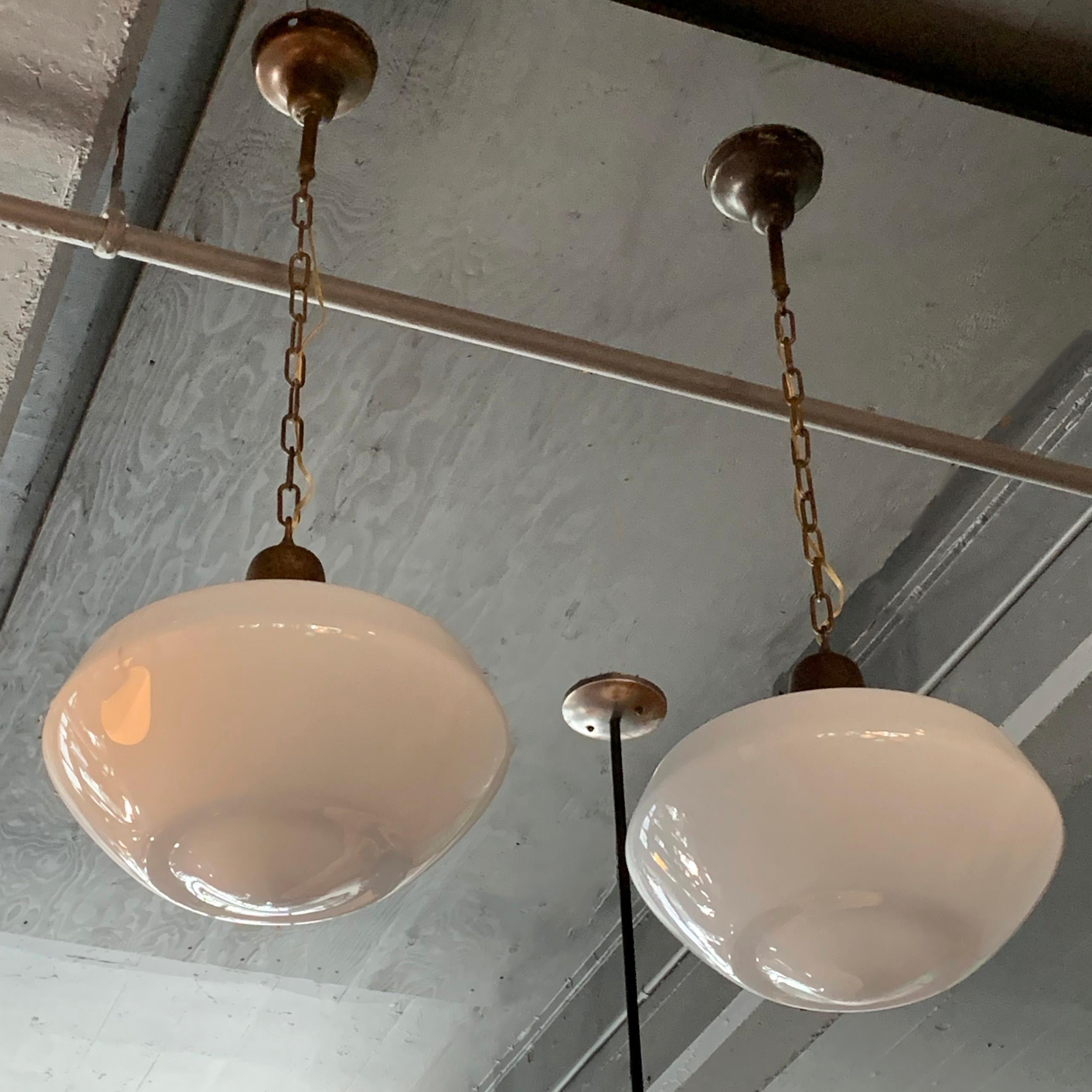 Pair of Large Milk Glass Library Pendant Lights In Good Condition In Brooklyn, NY
