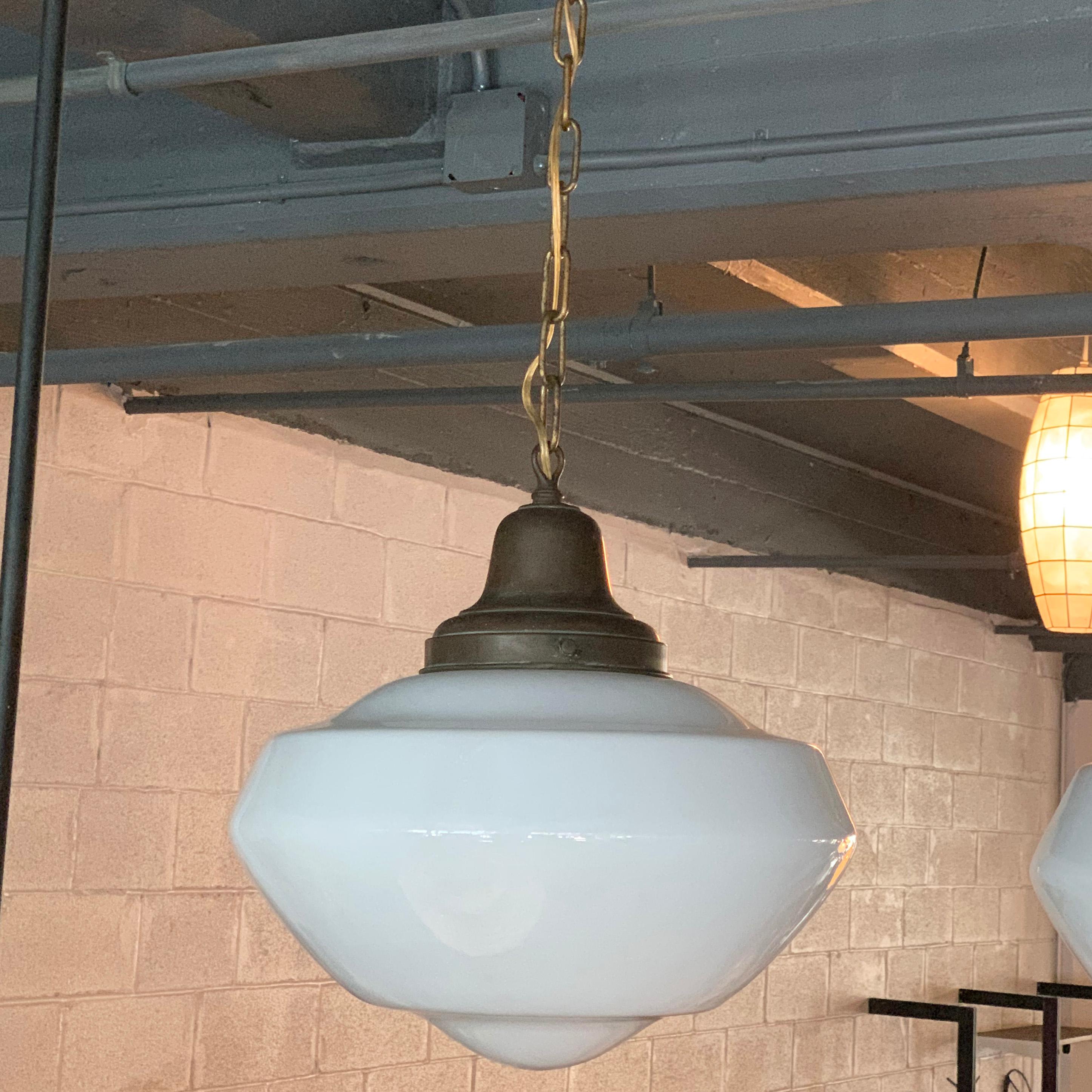 20th Century Pair of Large Milk Glass Library Pendant Lights