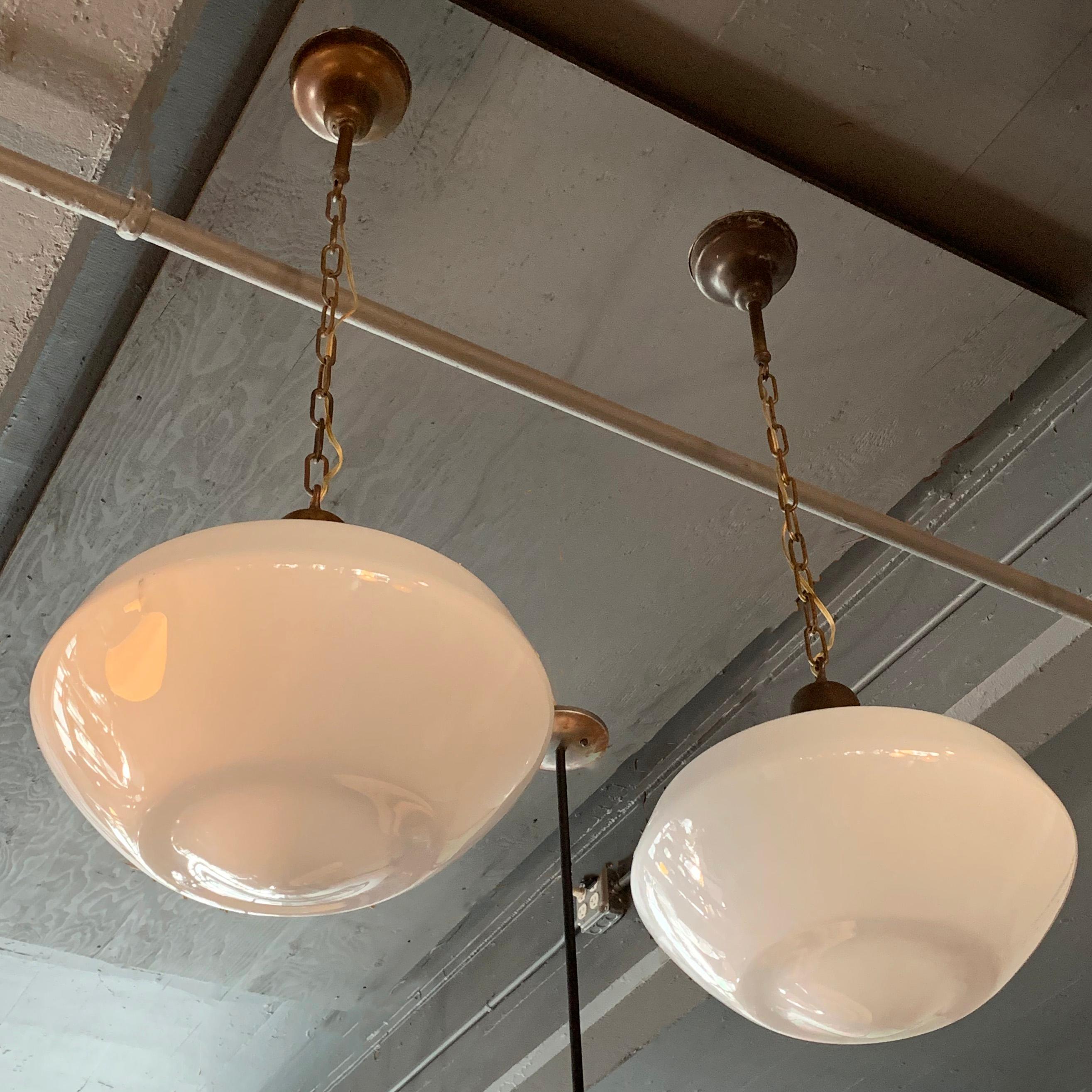 Brass Pair of Large Milk Glass Library Pendant Lights