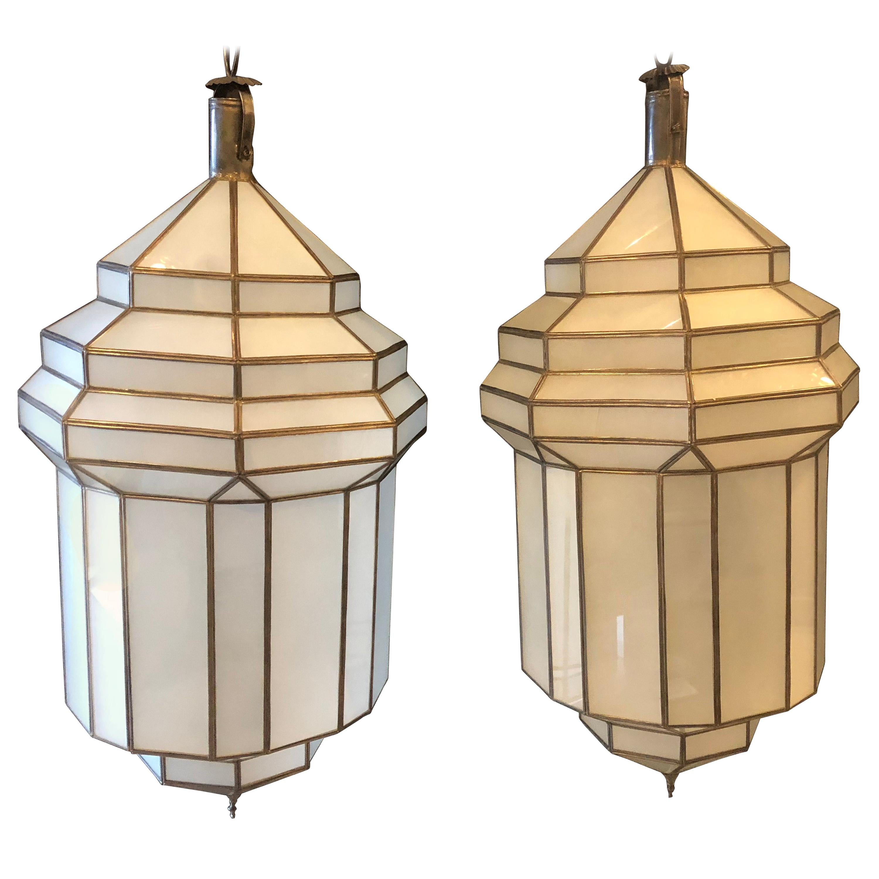 Pair of Large Milk Glass Octagonal Pendants/ Lanterns or Ceiling Fixtures