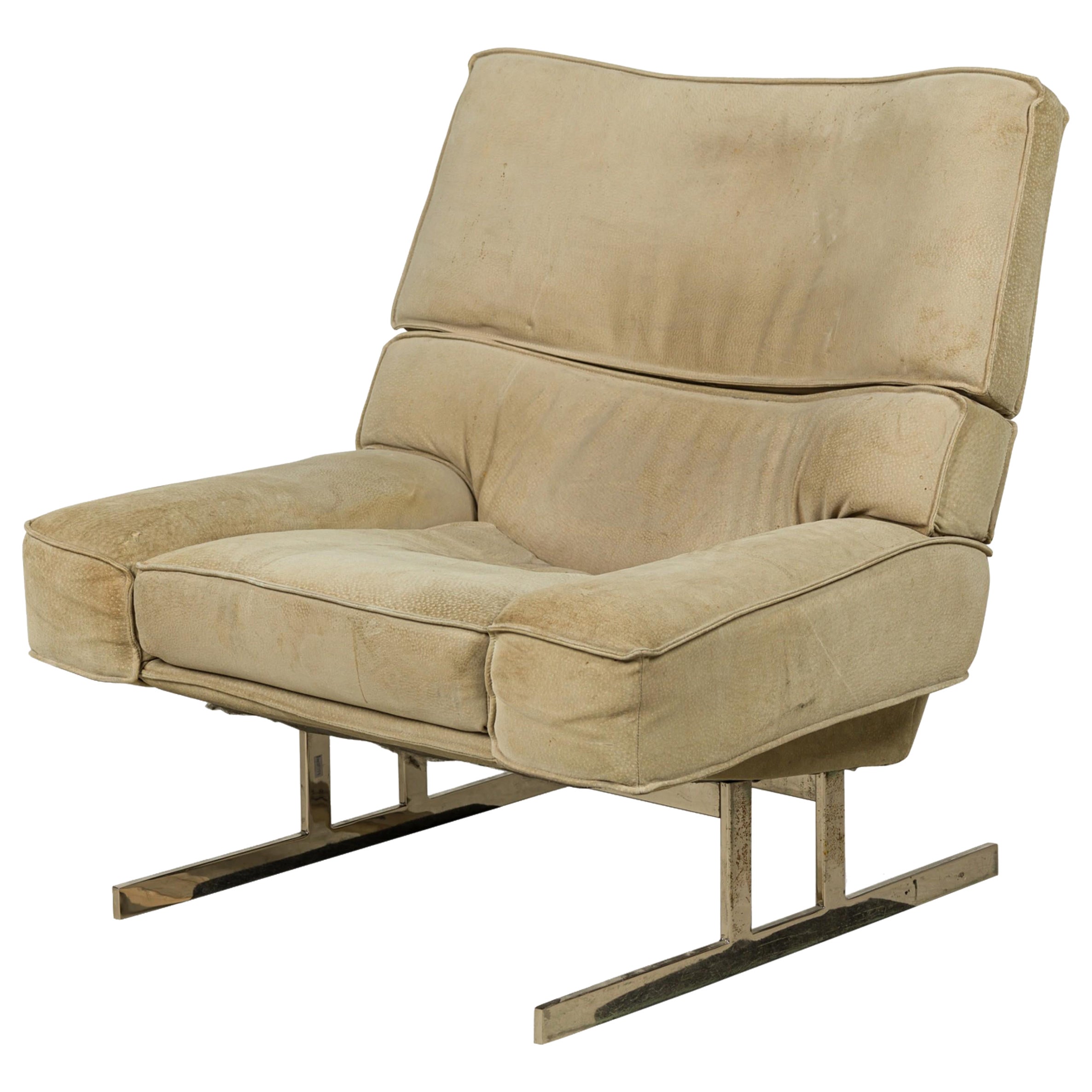 Pair of Large Milo Baughman Chrome and suede Club Chairs For Sale