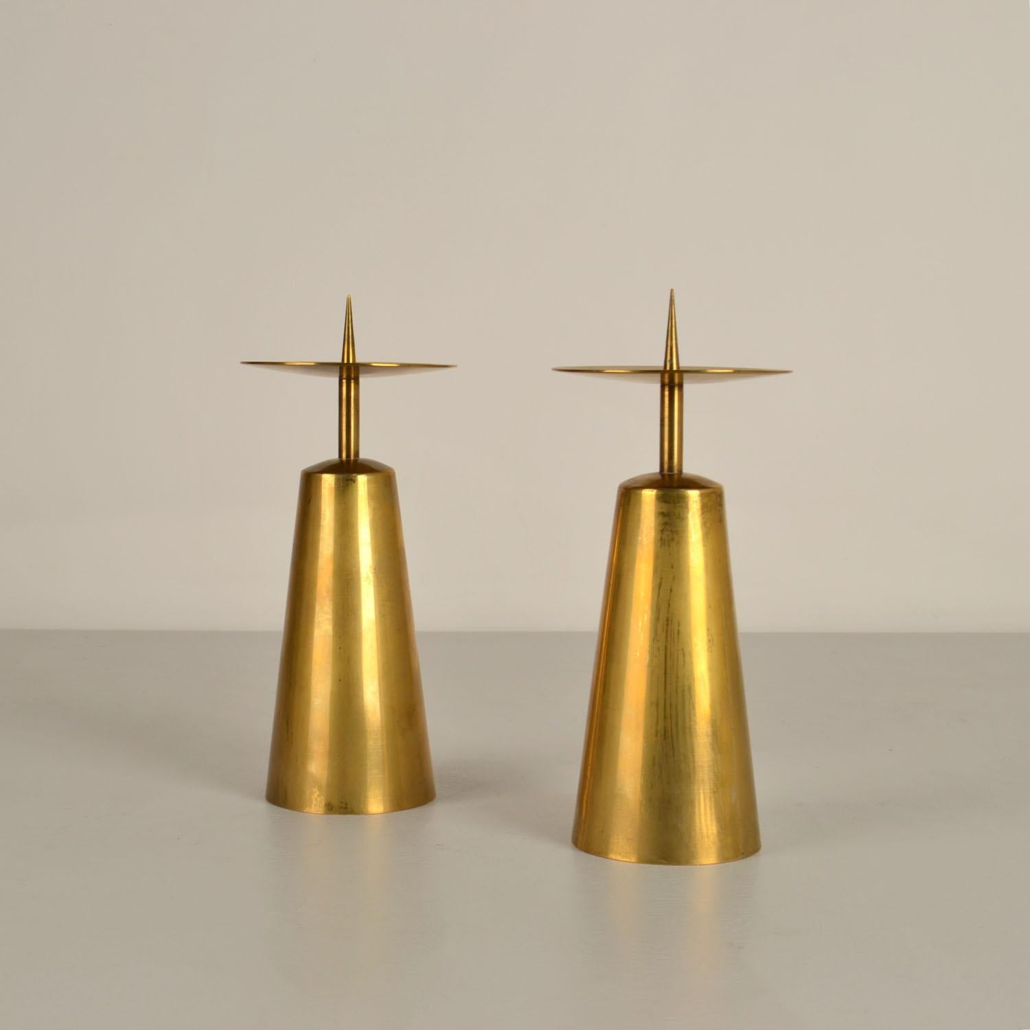 German Pair of large Minimalist Brass Mid-Century Modern Candle Holders For Sale