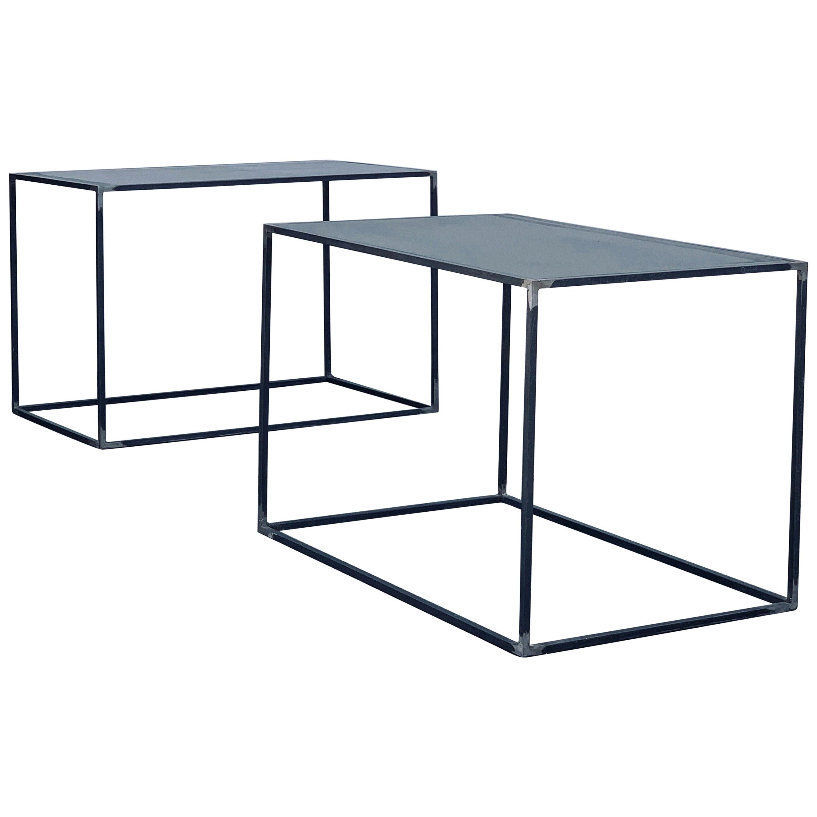 Pair of Large Minimalist 'Filiforme' Patinated Steel End Tables by Design Frères