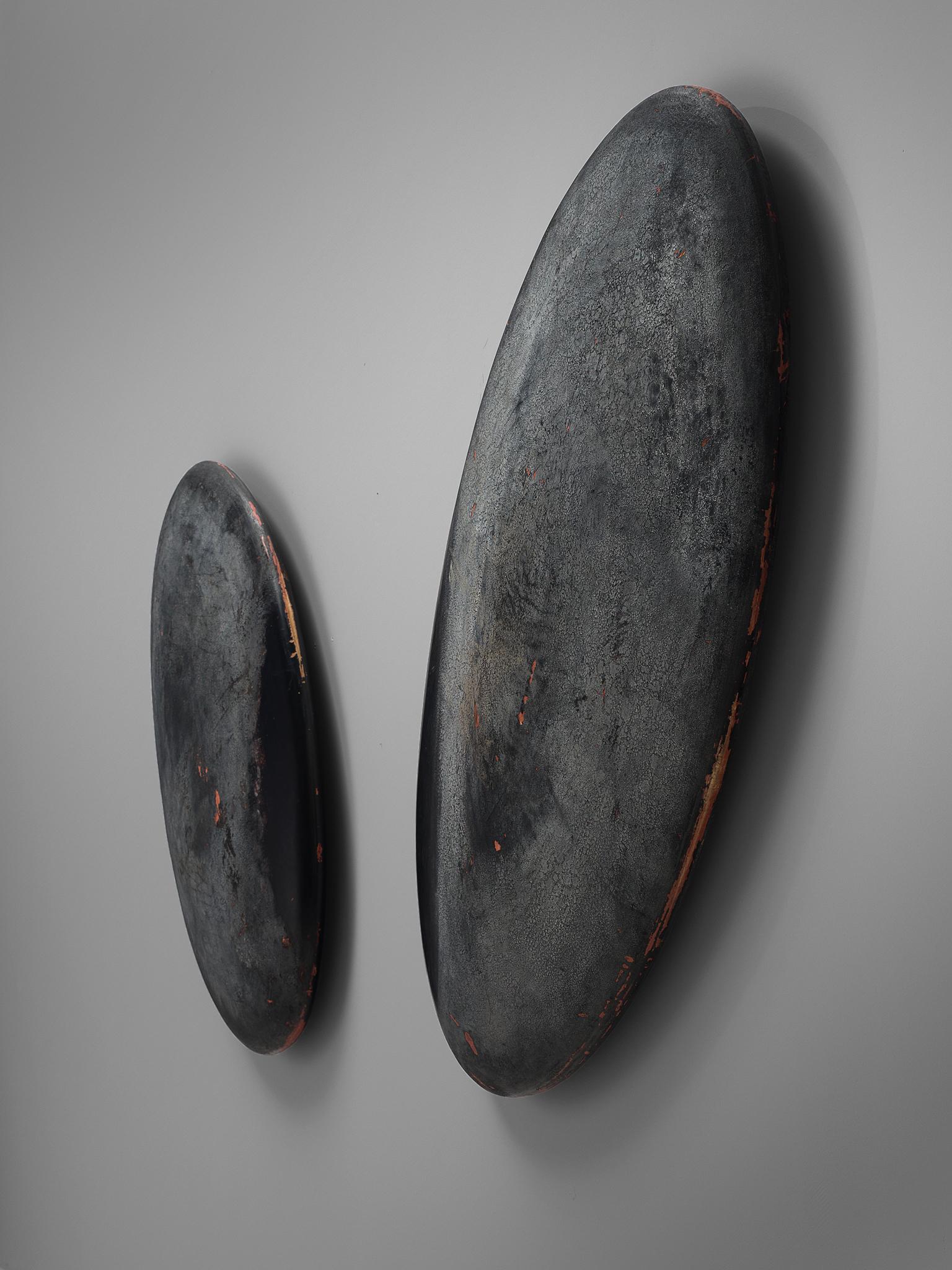 Modern Pair of Large Oval Minimalist Wall Sculptures in Solid Wood