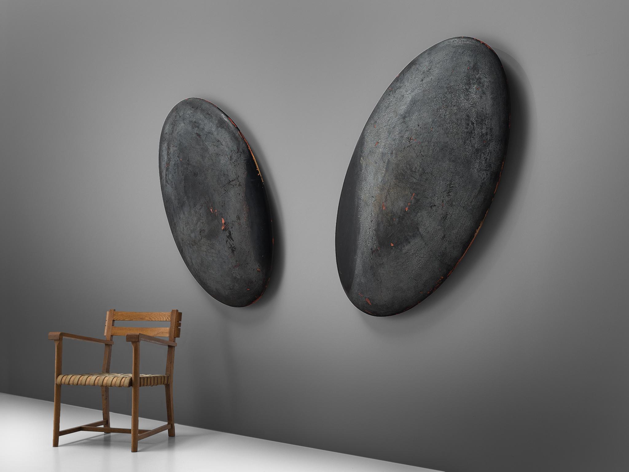 Pair of Large Oval Minimalist Wall Sculptures in Solid Wood 2