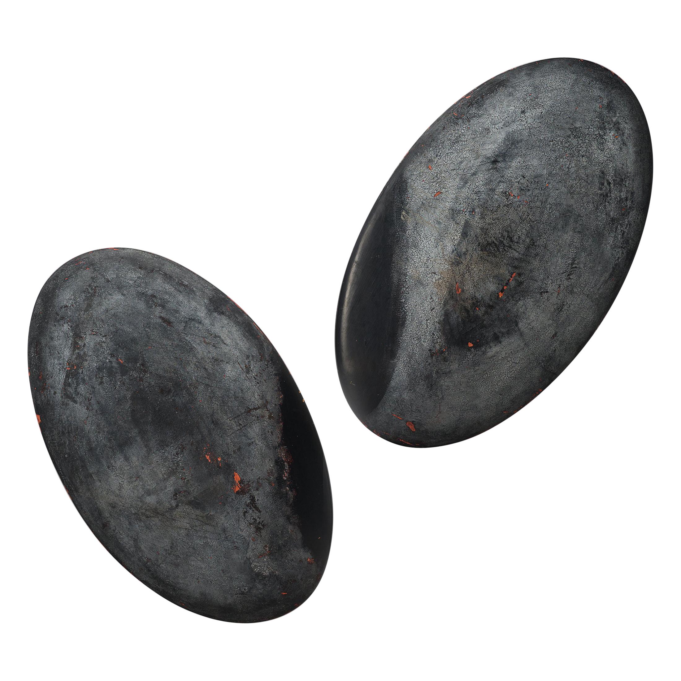 Pair of Large Oval Minimalist Wall Sculptures in Solid Wood