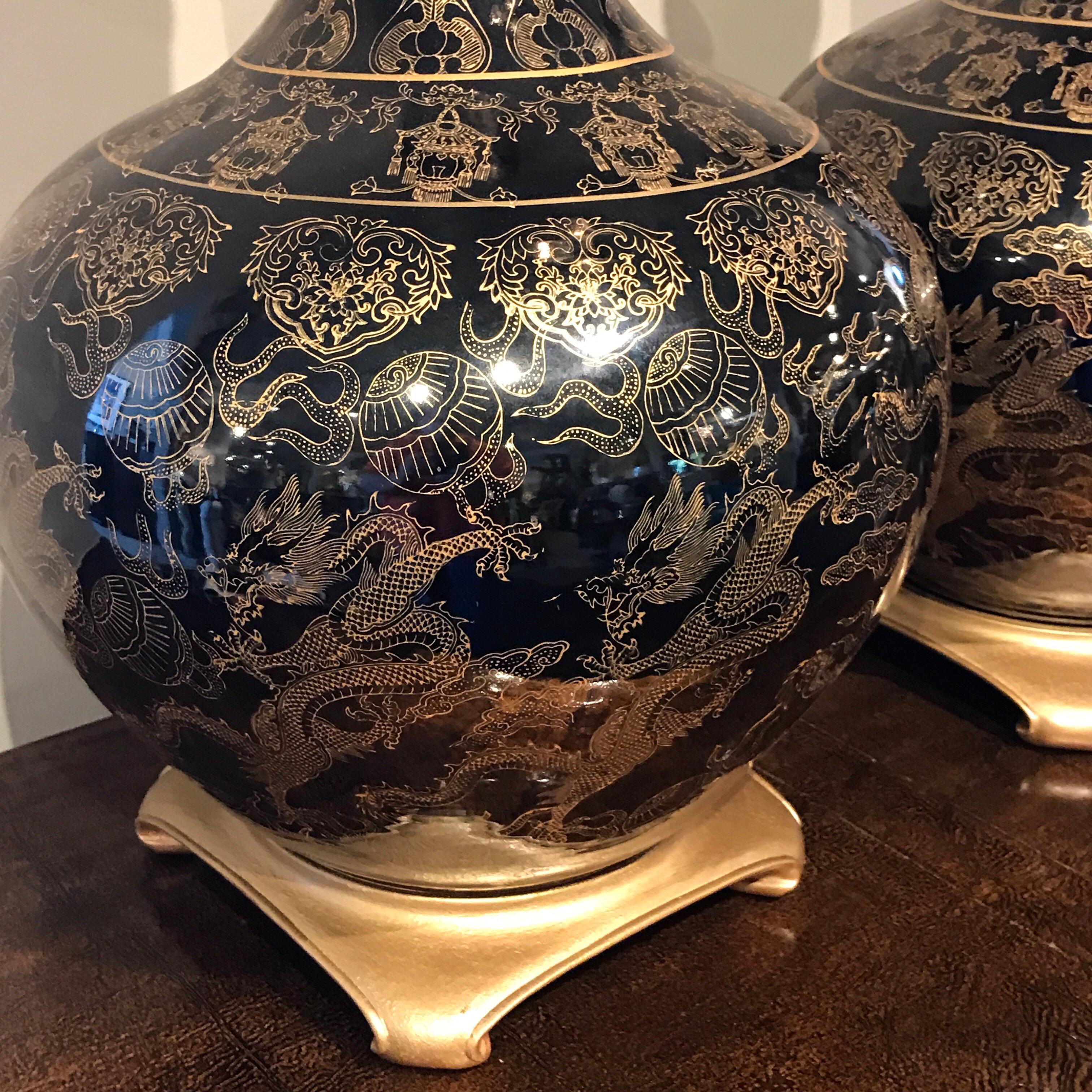 20th Century Pair of Large Mirror Black Chinese Export Vases, Now as Lamps For Sale