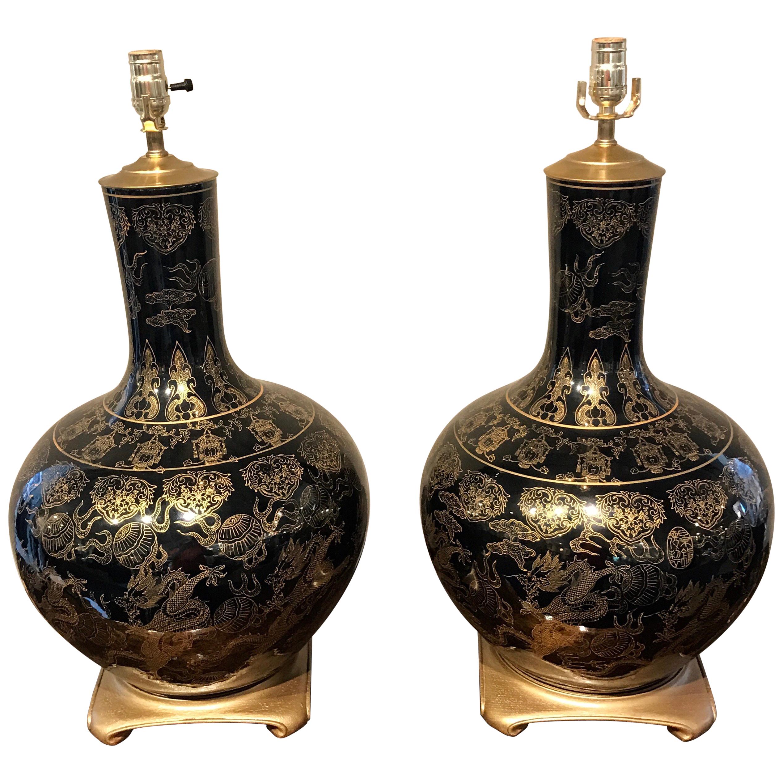 Pair of Large Mirror Black Chinese Export Vases, Now as Lamps For Sale
