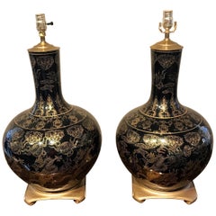 Pair of Large Mirror Black Chinese Export Vases, Now as Lamps