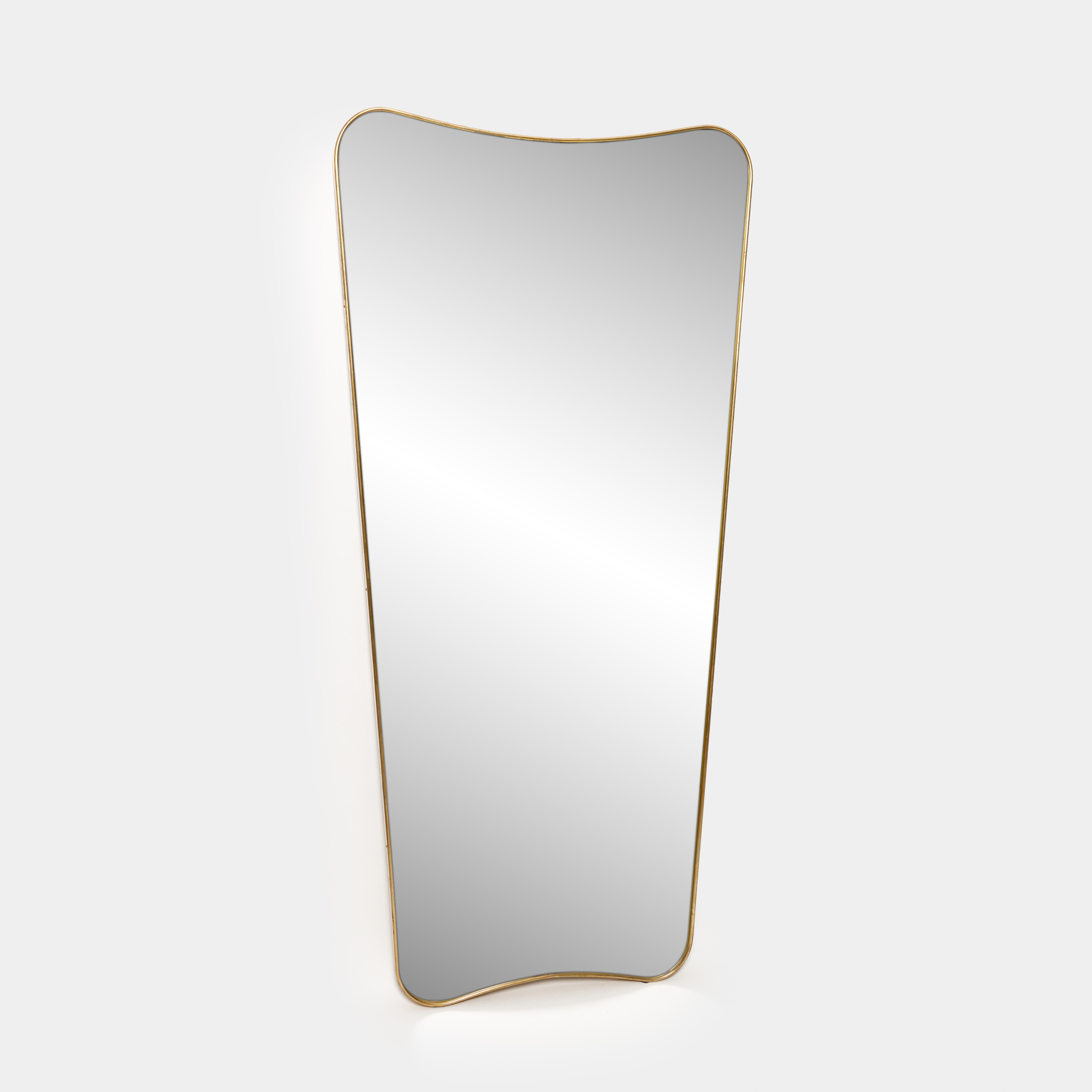 Pair of elegant and large brass framed mirror with gently curved form.  Beautifully patinated brass frame and solid construction with wood backing.  

Sold individually or as a pair and price is for the pair.
