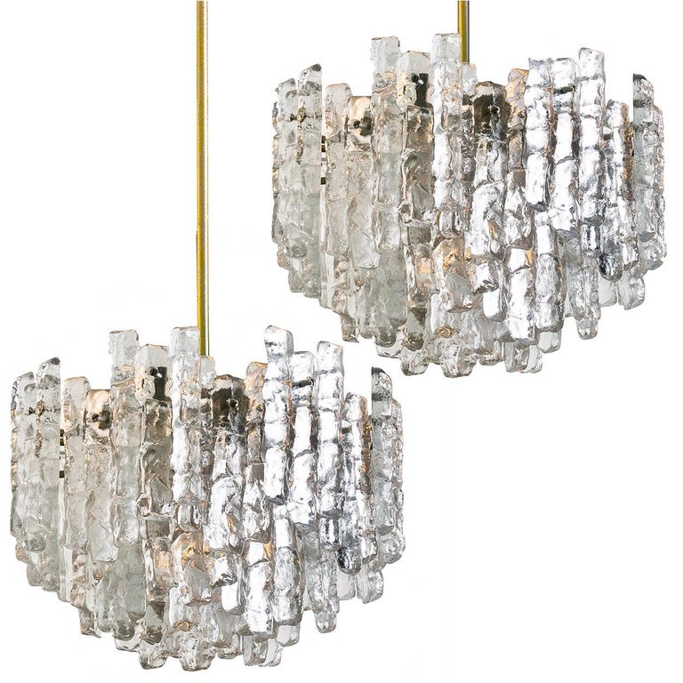 Pair Of Large Modern Brass Ice Glass Chandeliers By J T Kalmar For Pair Of Large Modern Brass Ice Glass Chandeliers By J T Kalmar For