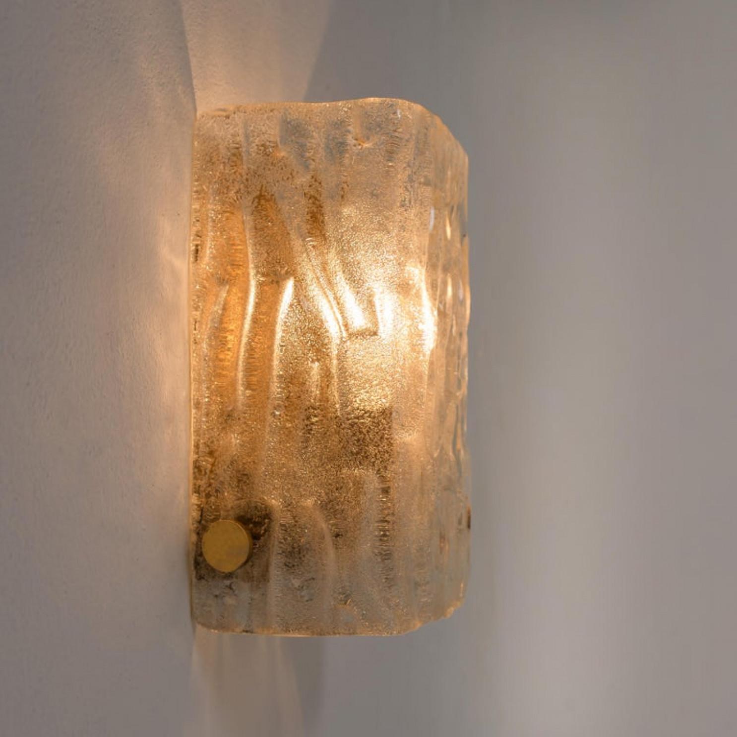 Mid-20th Century Pair of Large Modern Brass Ice Glass Wall Lights by J. T. Kalmar, 1960s For Sale