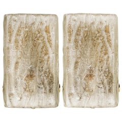 Pair of Large Modern Brass Ice Glass Wall Lights by J.T.Kalmar, 1960s