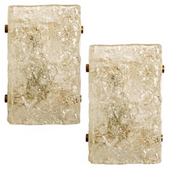 Pair of Large Modern Brass Ice Glass Wall Lights by J.T.Kalmar, 1960s