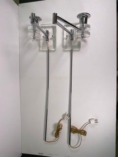 Pair of Large Modern Chrome & Lucite Adjustable Swing Arm Wall Sconces