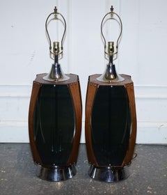 PAIR OF LARGE MODERN DANISH ACRYLIC & TEAK MiD CENTURY LAMPS