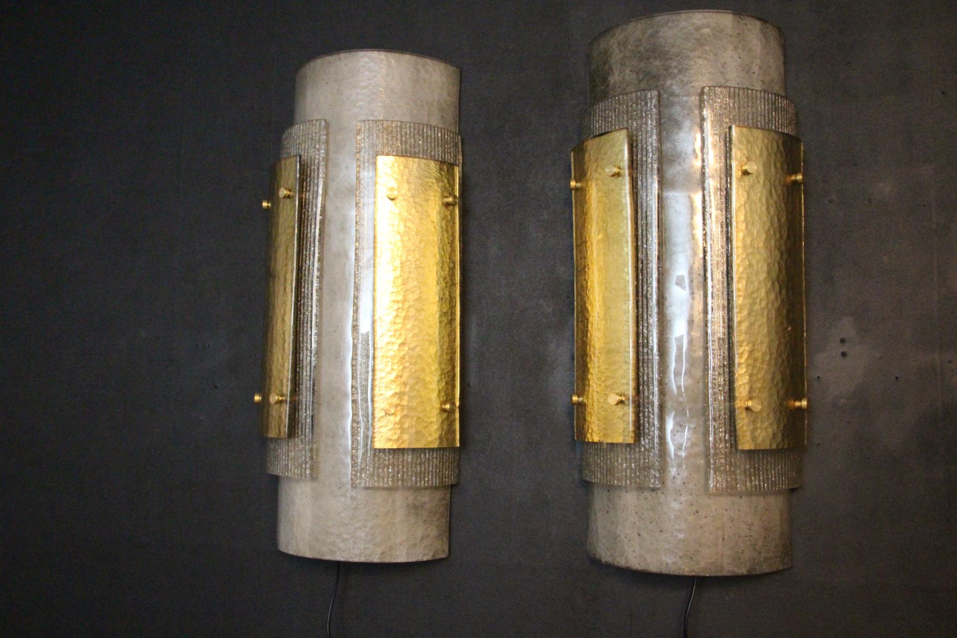 Pair of Large Modern Grey and Gold Murano Glass Wall Lights, Brutalist Sconces 5