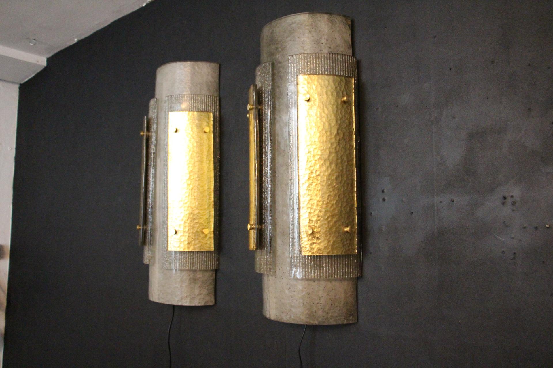 Pair of Large Modern Grey and Gold Murano Glass Wall Lights, Brutalist Sconces 6