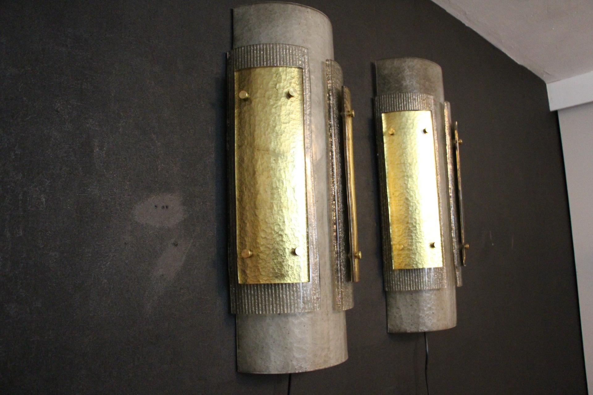 Pair of Large Modern Grey and Gold Murano Glass Wall Lights, Brutalist Sconces 7