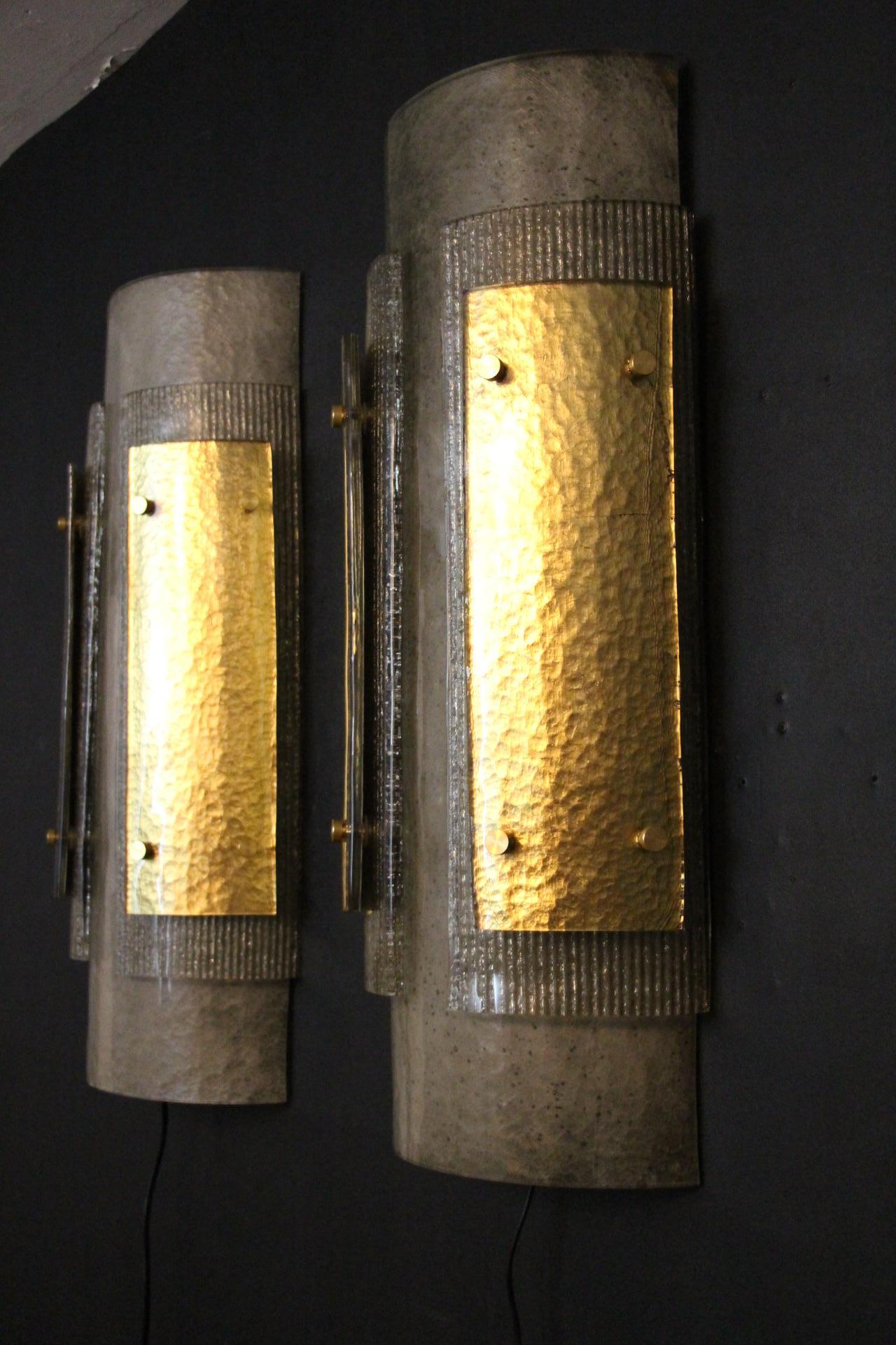 Pair of Large Modern Grey and Gold Murano Glass Wall Lights, Brutalist Sconces 9