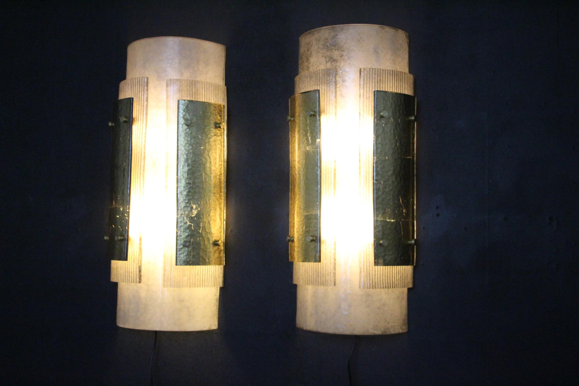 Contemporary Pair of Large Modern Grey and Gold Murano Glass Wall Lights, Brutalist Sconces