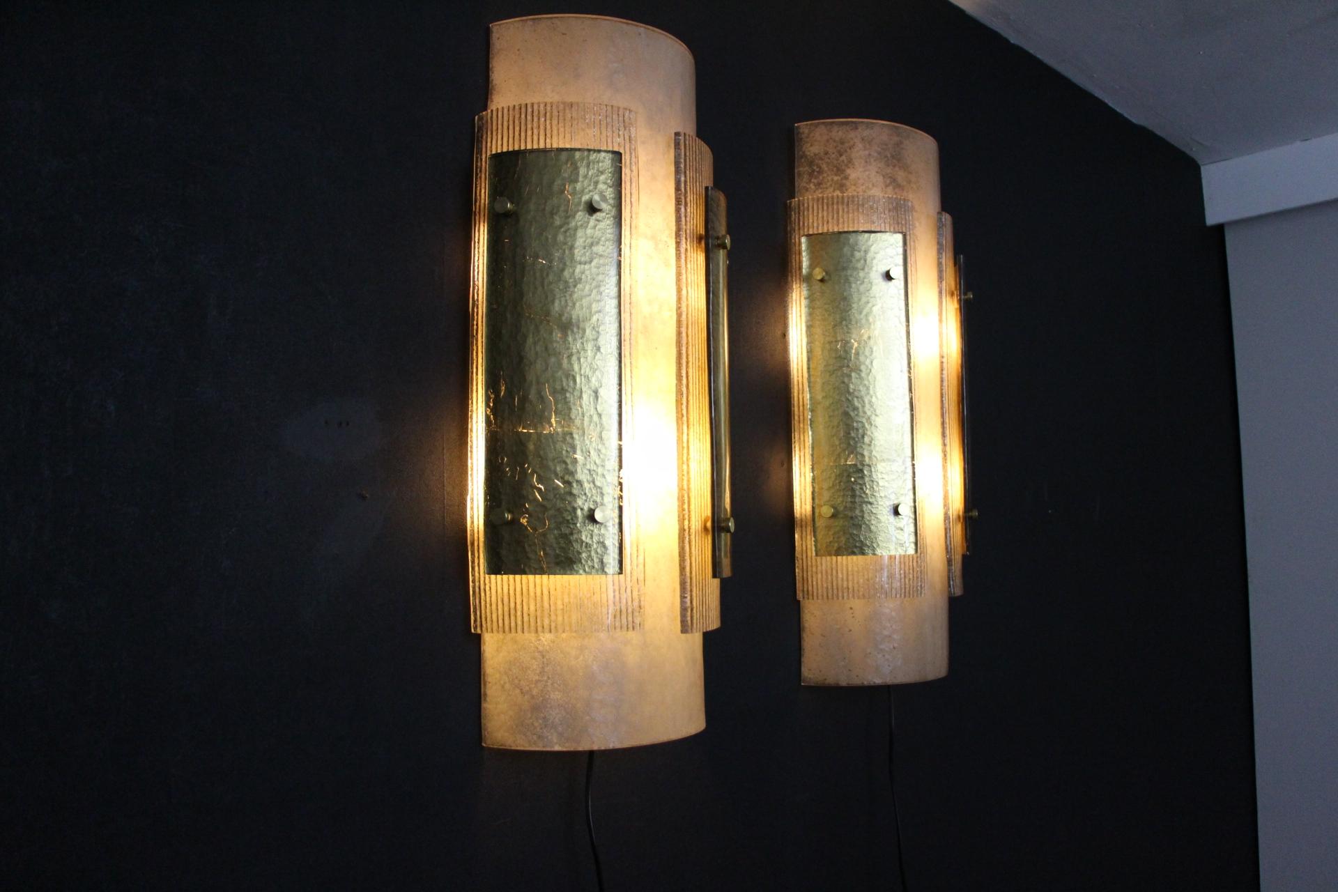 Pair of Large Modern Grey and Gold Murano Glass Wall Lights, Brutalist Sconces 1