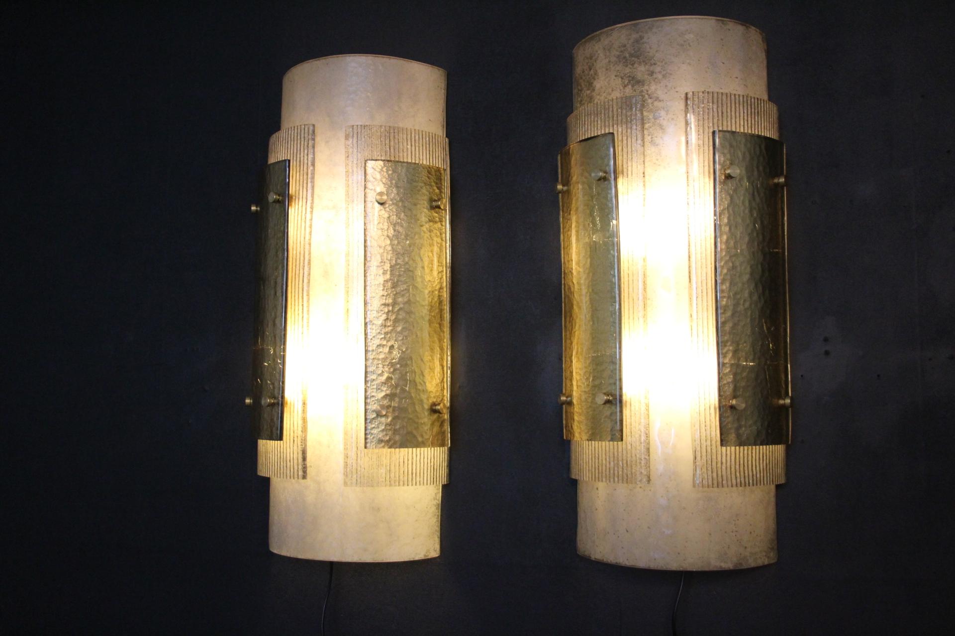 Pair of Large Modern Grey and Gold Murano Glass Wall Lights, Brutalist Sconces 3