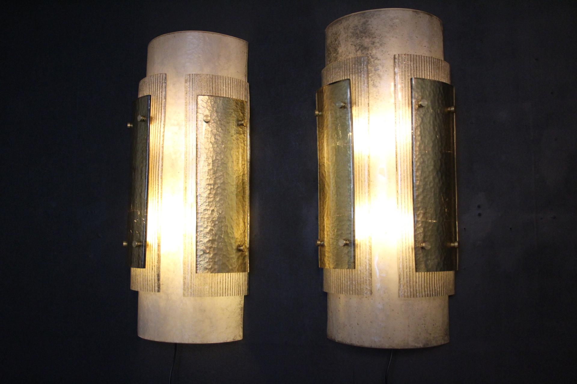 Pair of Large Modern Grey and Gold Murano Glass Wall Lights, Brutalist Sconces 4