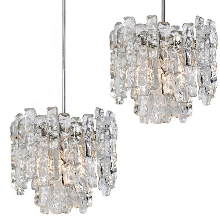 Pair of Large Modern Ice Glass Chandeliers by J. T. Kalmar For Sale 4