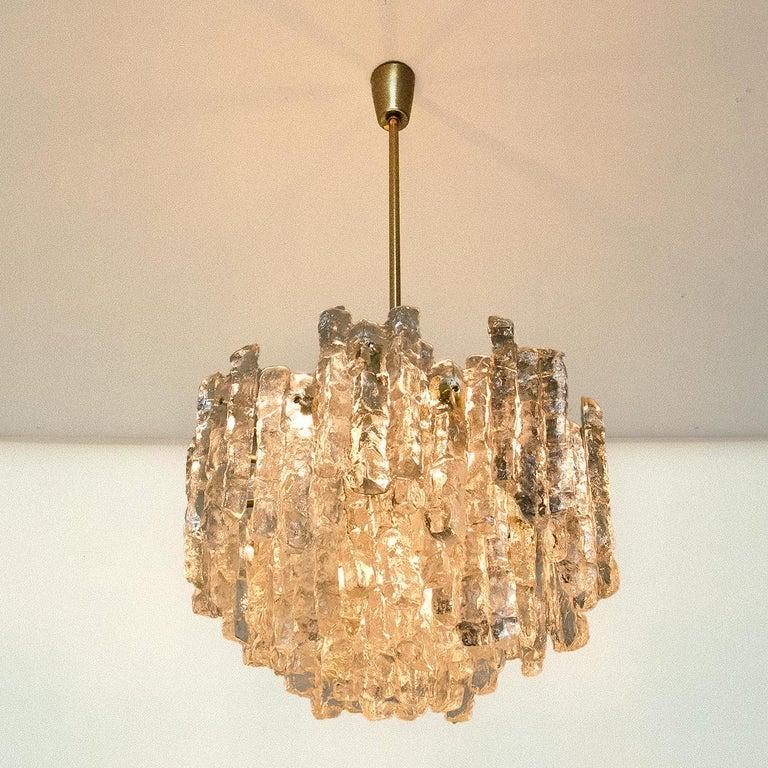German Pair of Large Modern Ice Glass Chandeliers by J. T. Kalmar For Sale