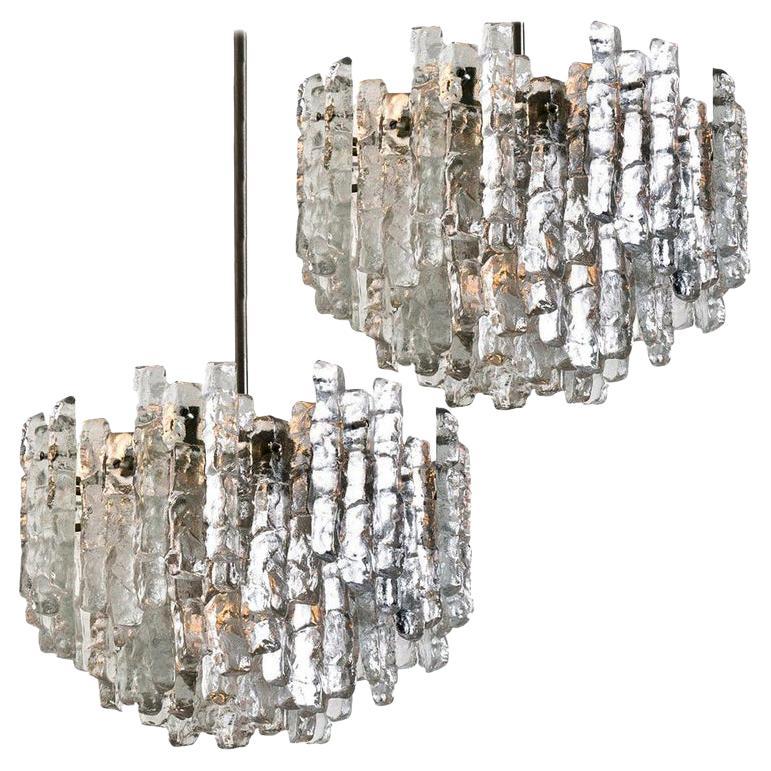 Pair of Large Modern Ice Glass Chandeliers by J. T. Kalmar For Sale